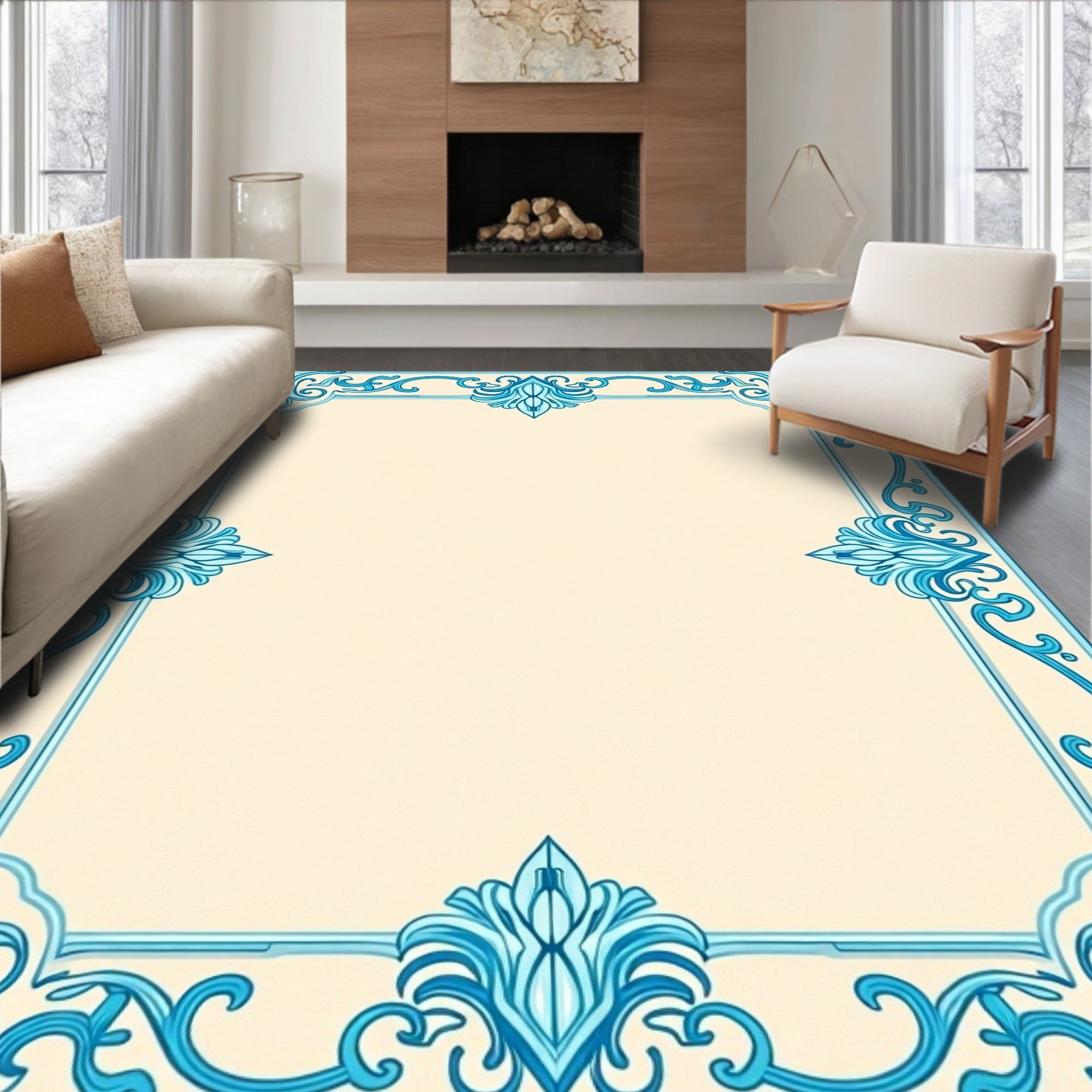 Elegant Aquamarine Scrollwork Border Rug