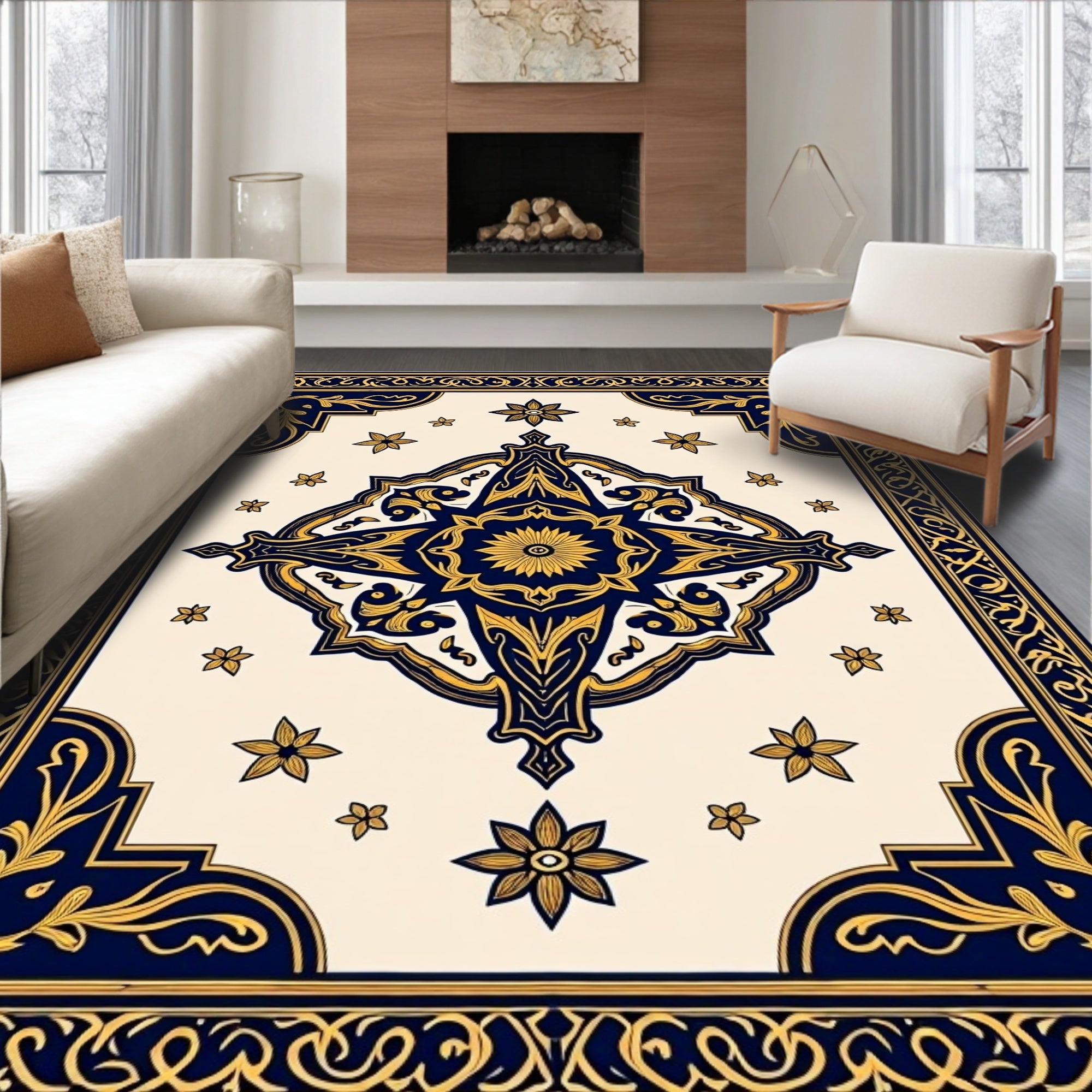 Deep Blue Golden Starburst Radiance Rug