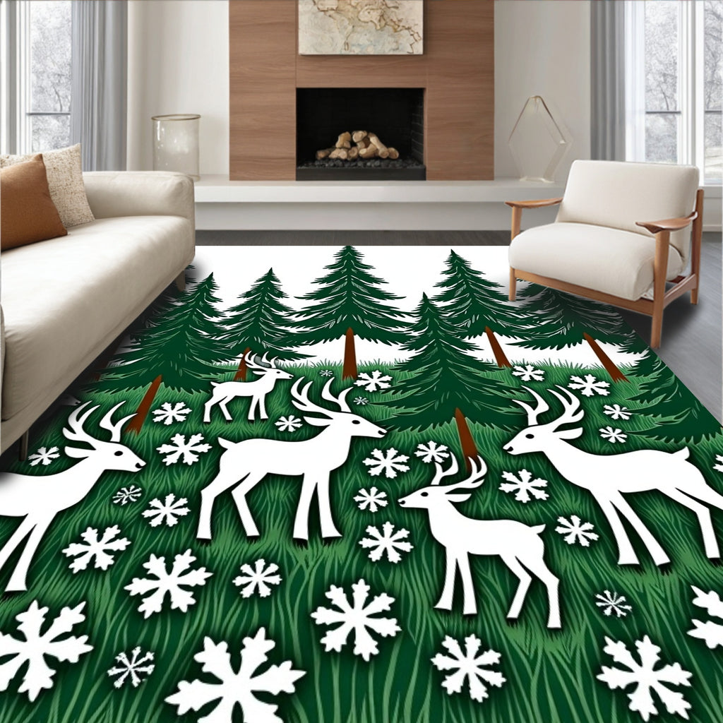 Woodland Snowy Deer Forest Scene Rug