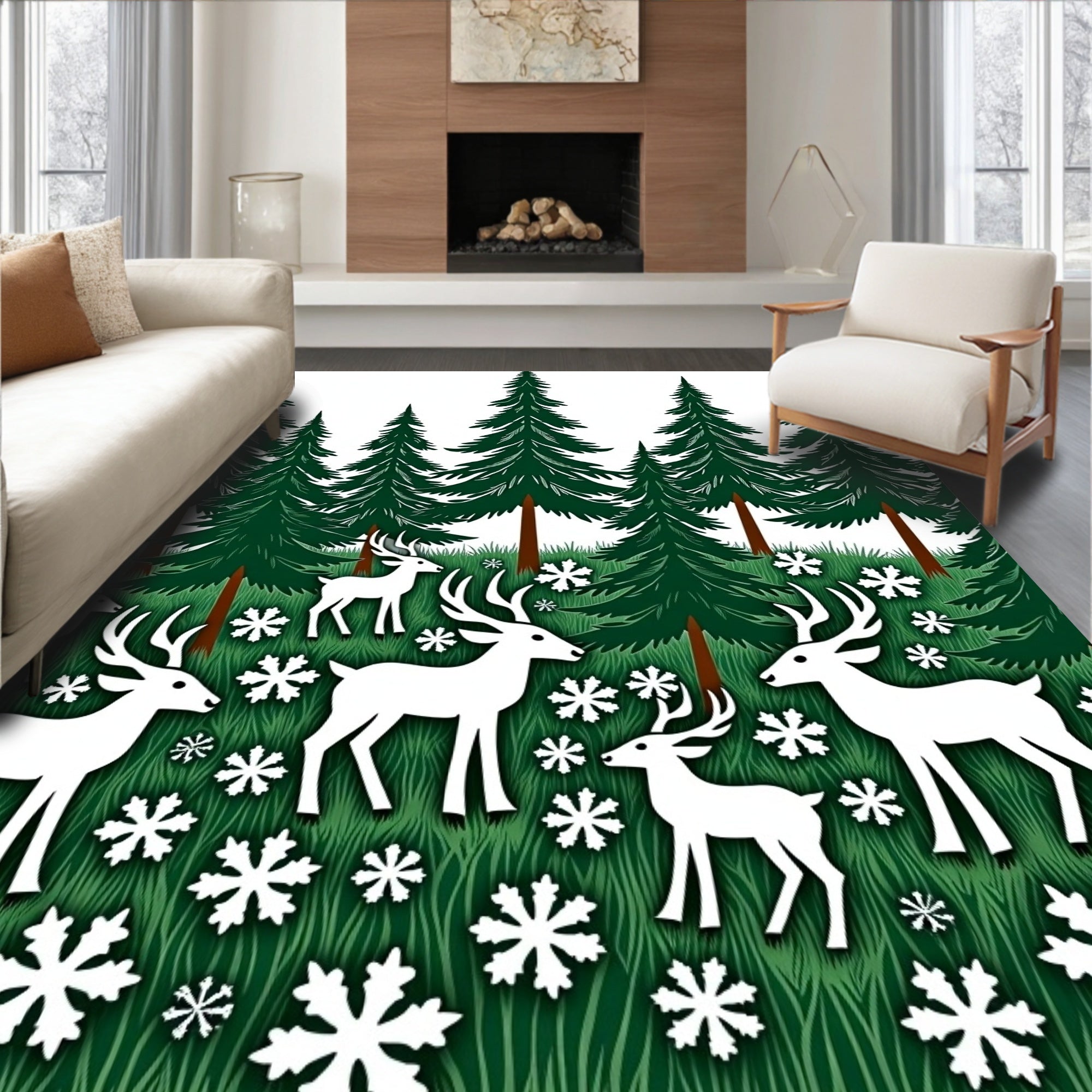 Woodland Snowy Deer Forest Scene Rug
