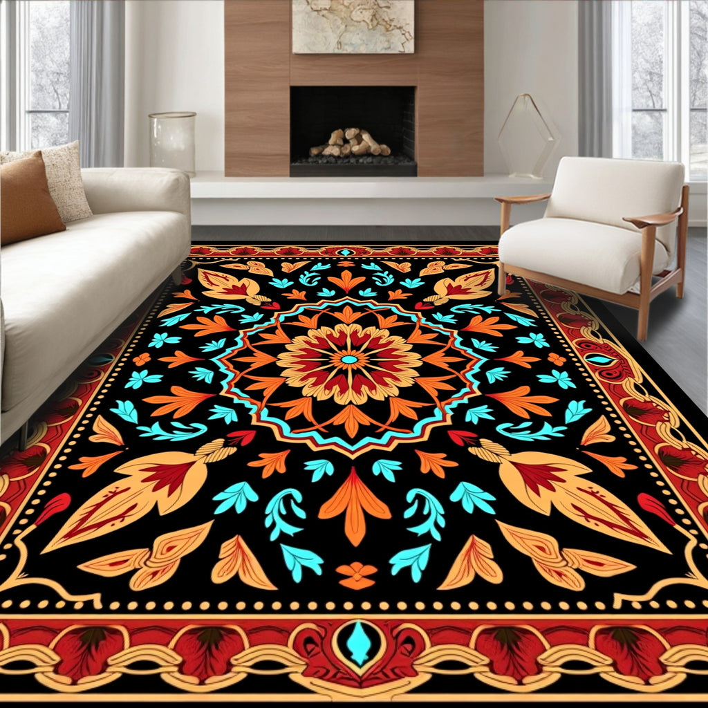 Ornate Red Orange Floral Mandala Rug