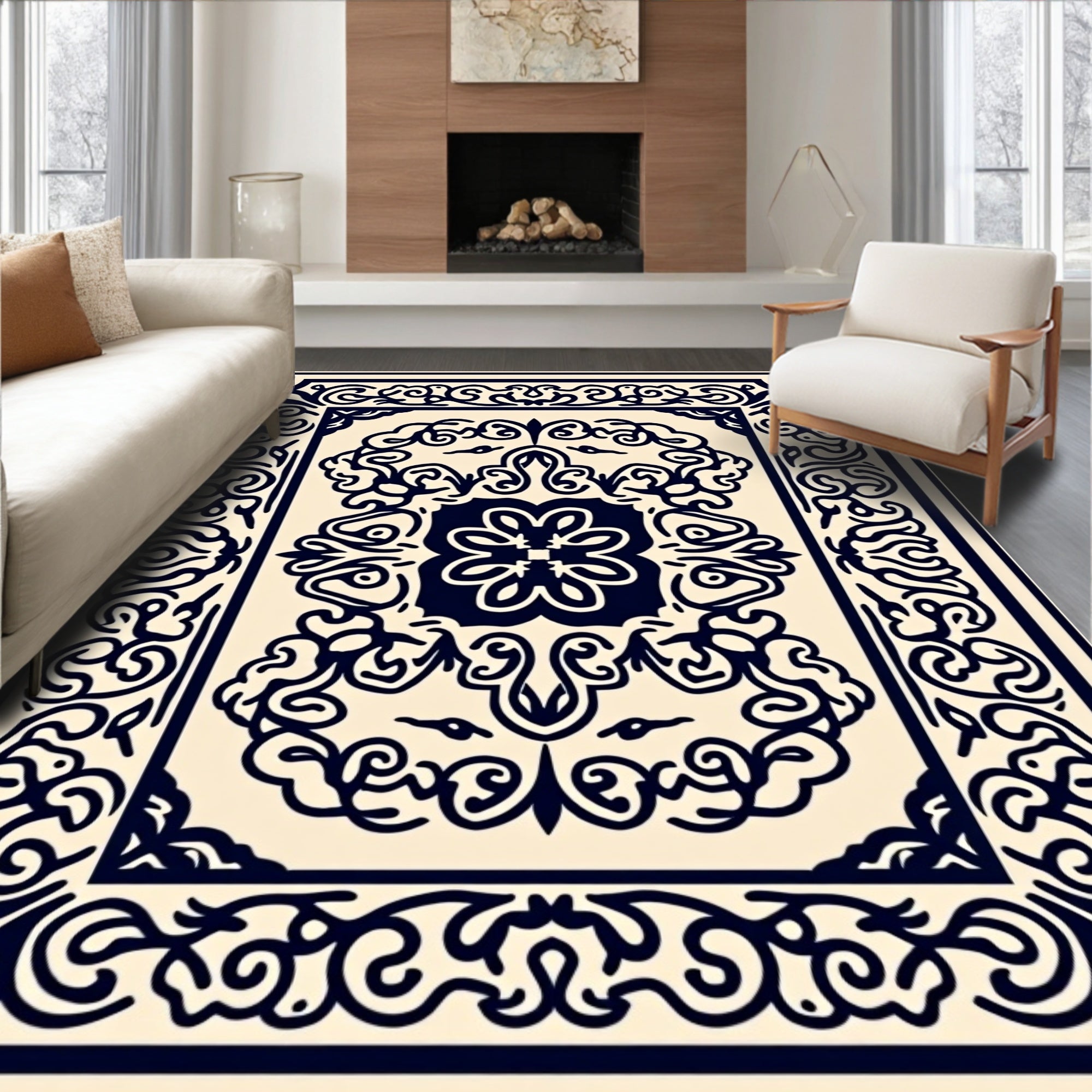 Navy Cream Arabesque Medallion Rug
