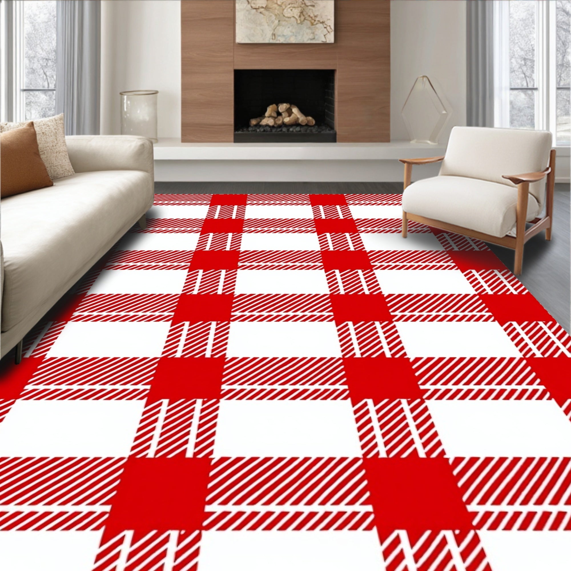 Classic Red White Gingham Check Rug
