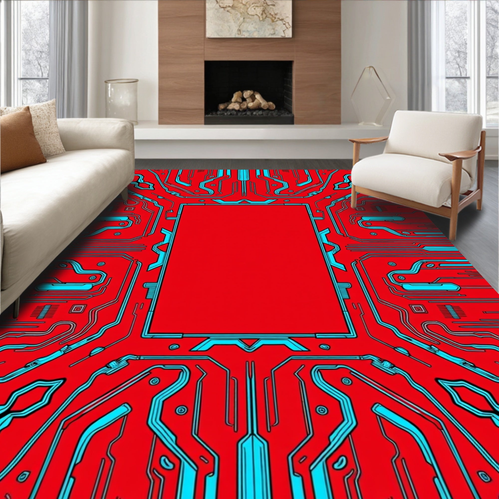 Red Circuit Board Neon Lines Rug