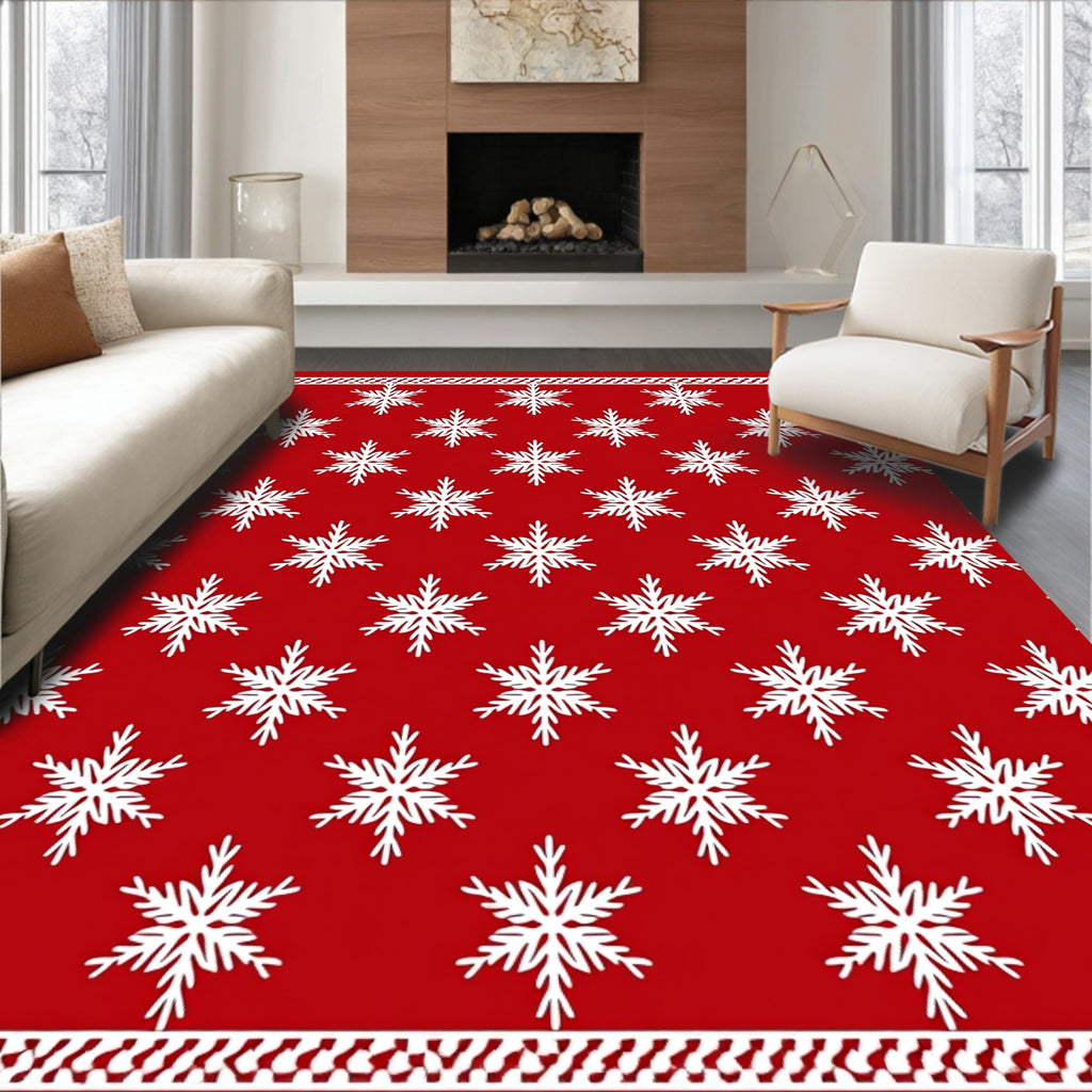 Red White Snowflake Festive Holiday Rug