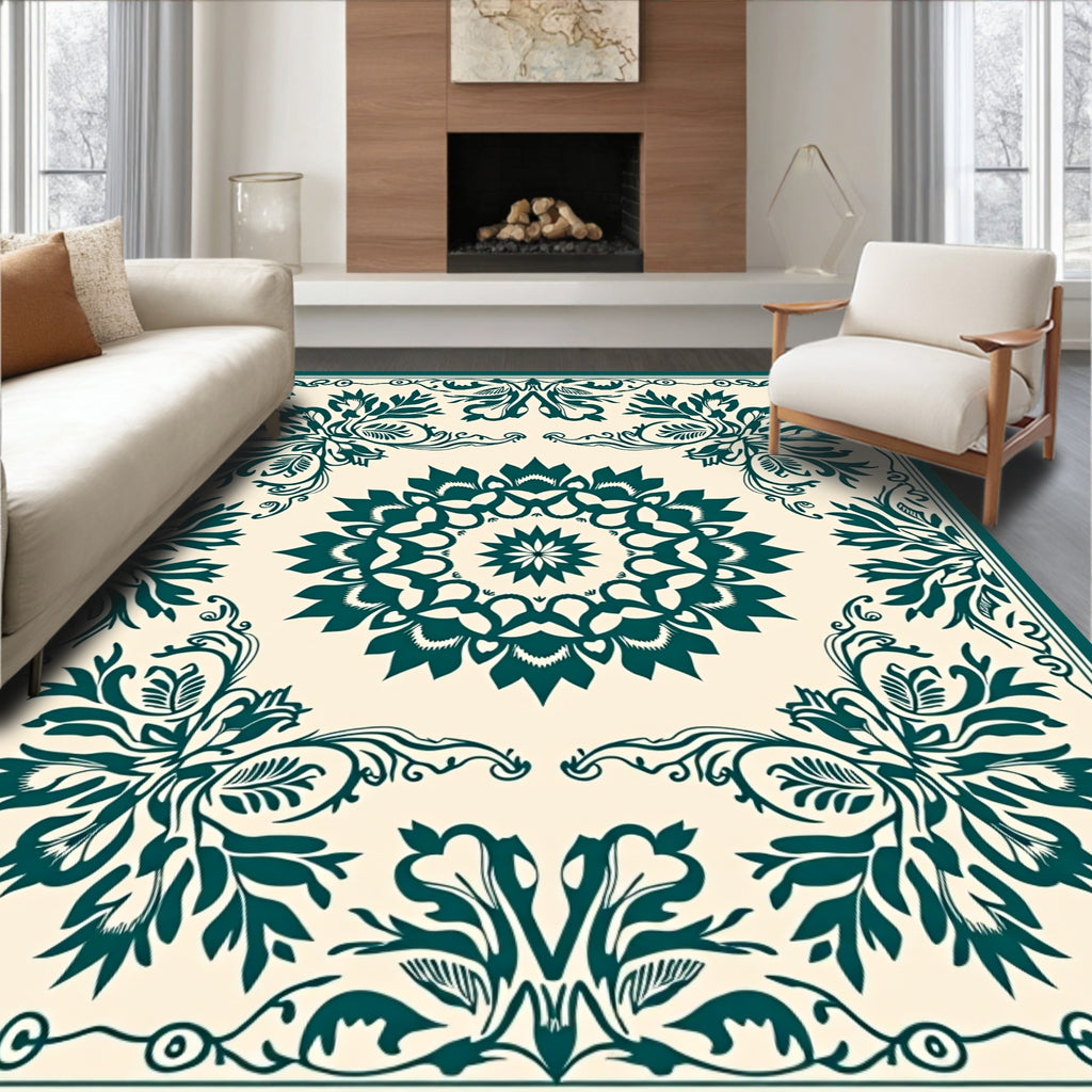 Teal Floral Mandala Border Rug