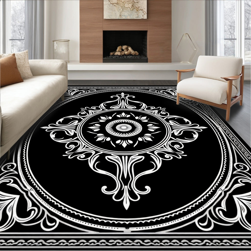 Bold Black White Oval Medallion Rug