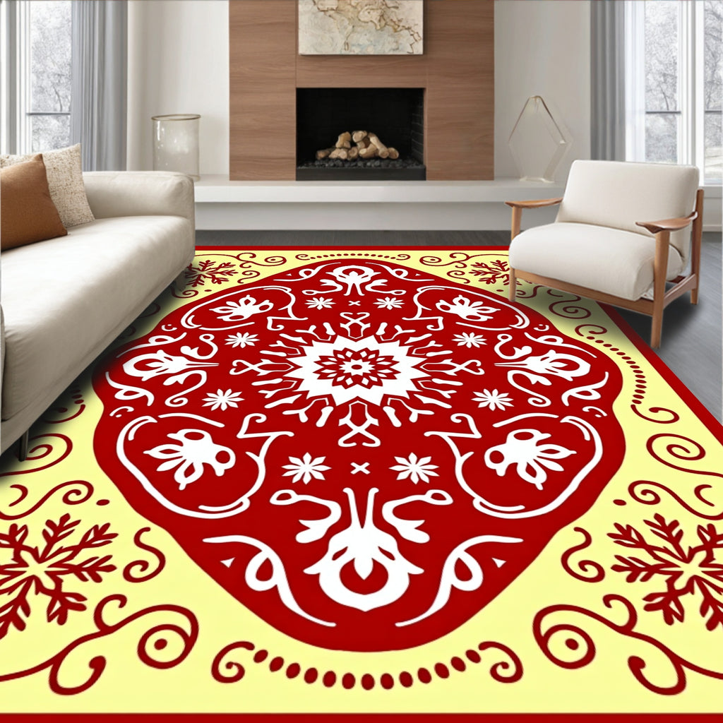 Crimson Swirling Snowflake Mandala Rug