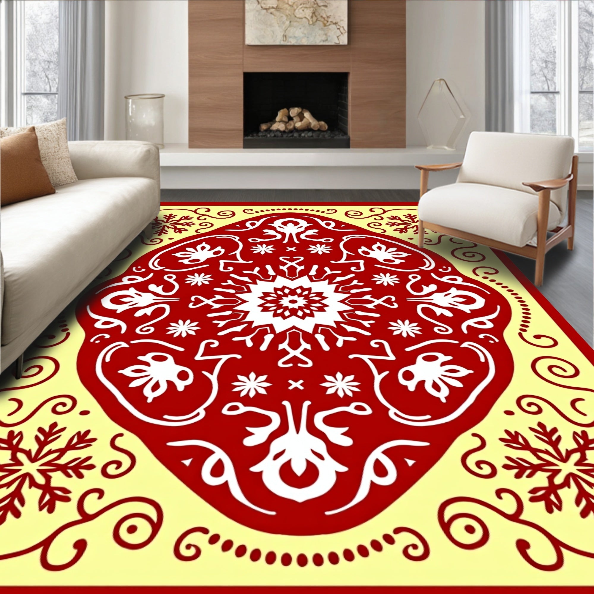 Crimson Swirling Snowflake Mandala Rug