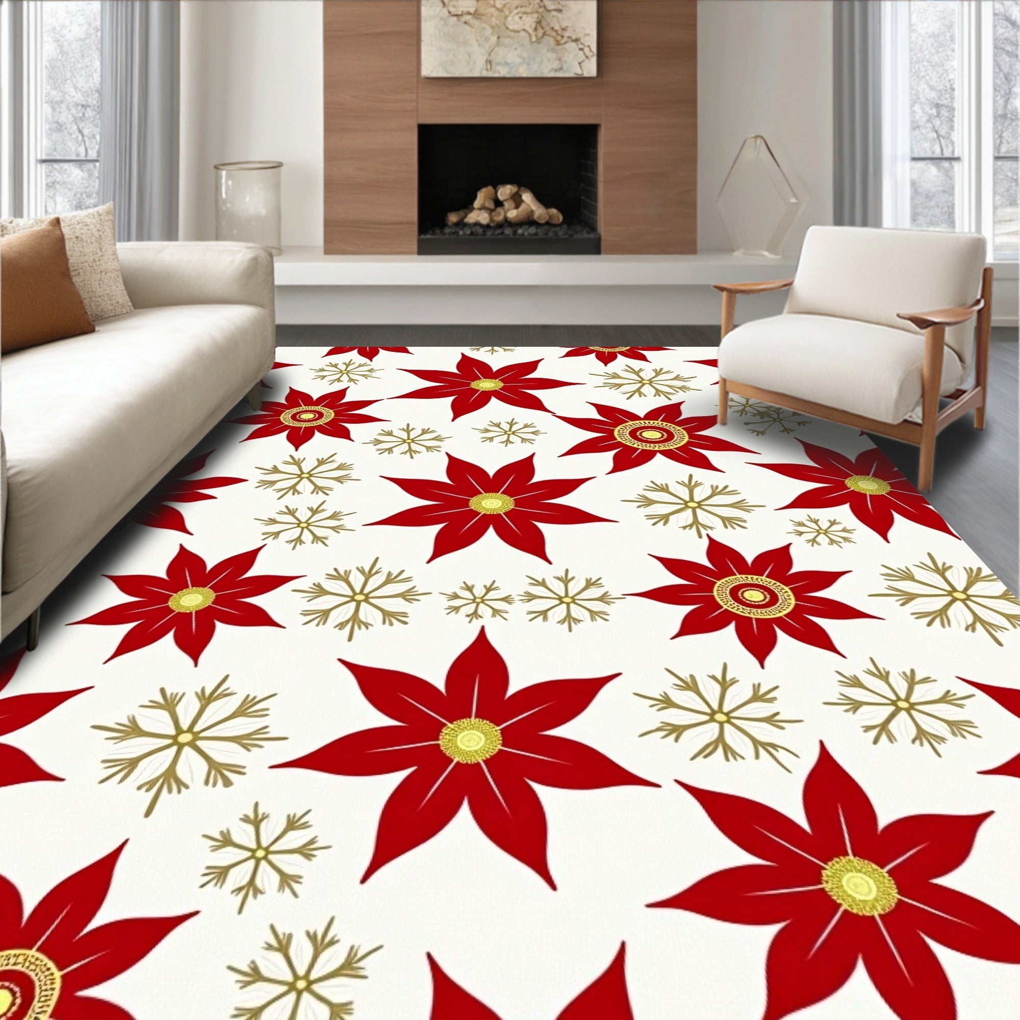 Crimson poinsettias gold snowflakes scattered Rug