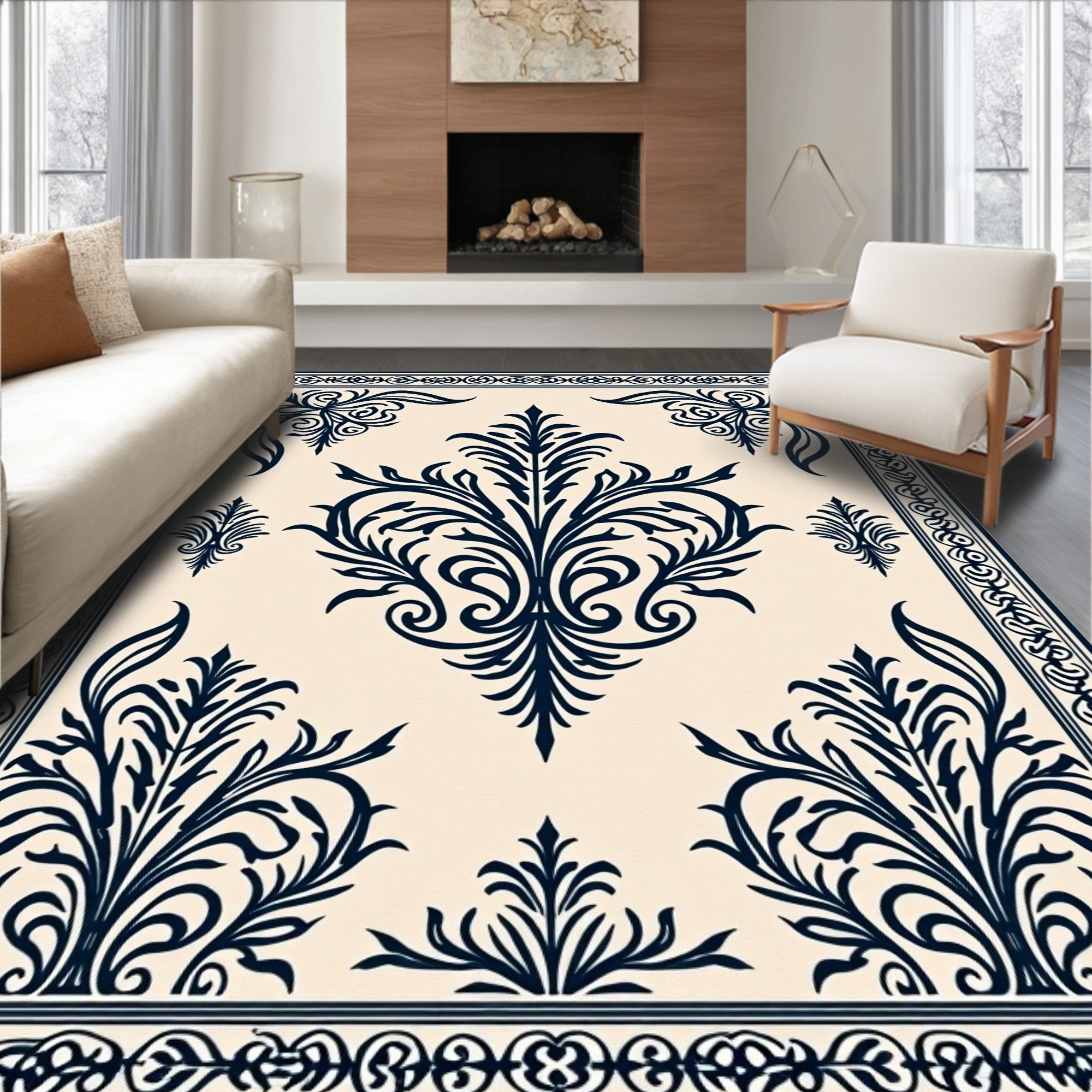 Cream Sapphire Floral Border Accent Rug