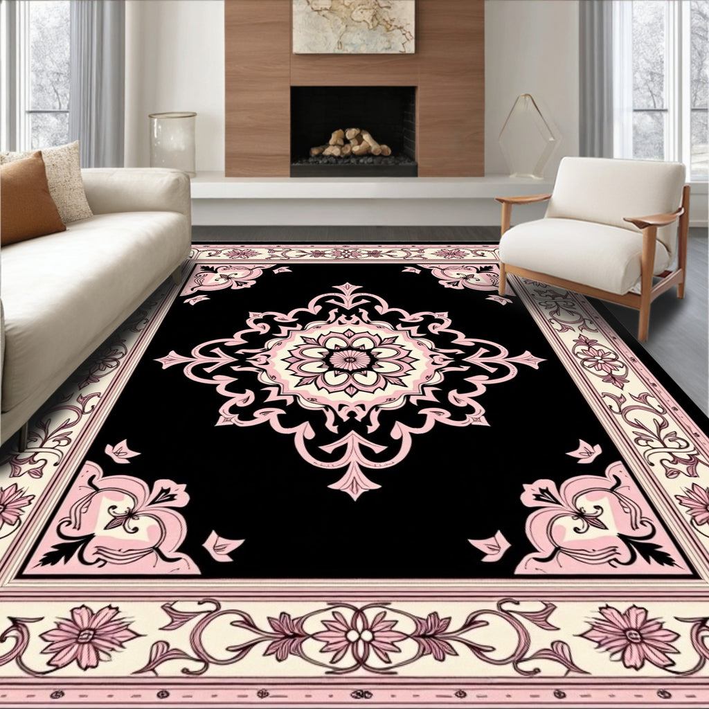 Black Pink Floral Medallion Border Rug