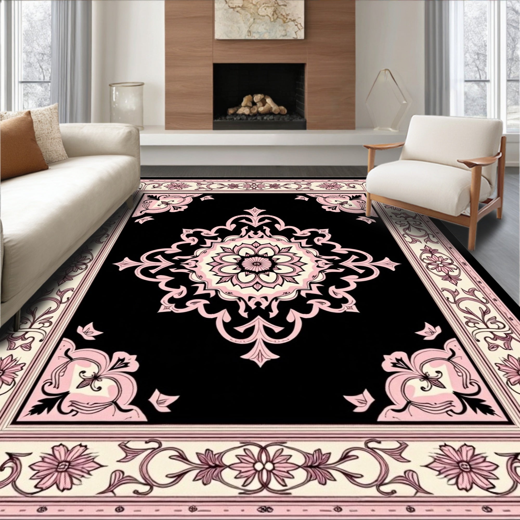 Black Pink Floral Medallion Border Rug