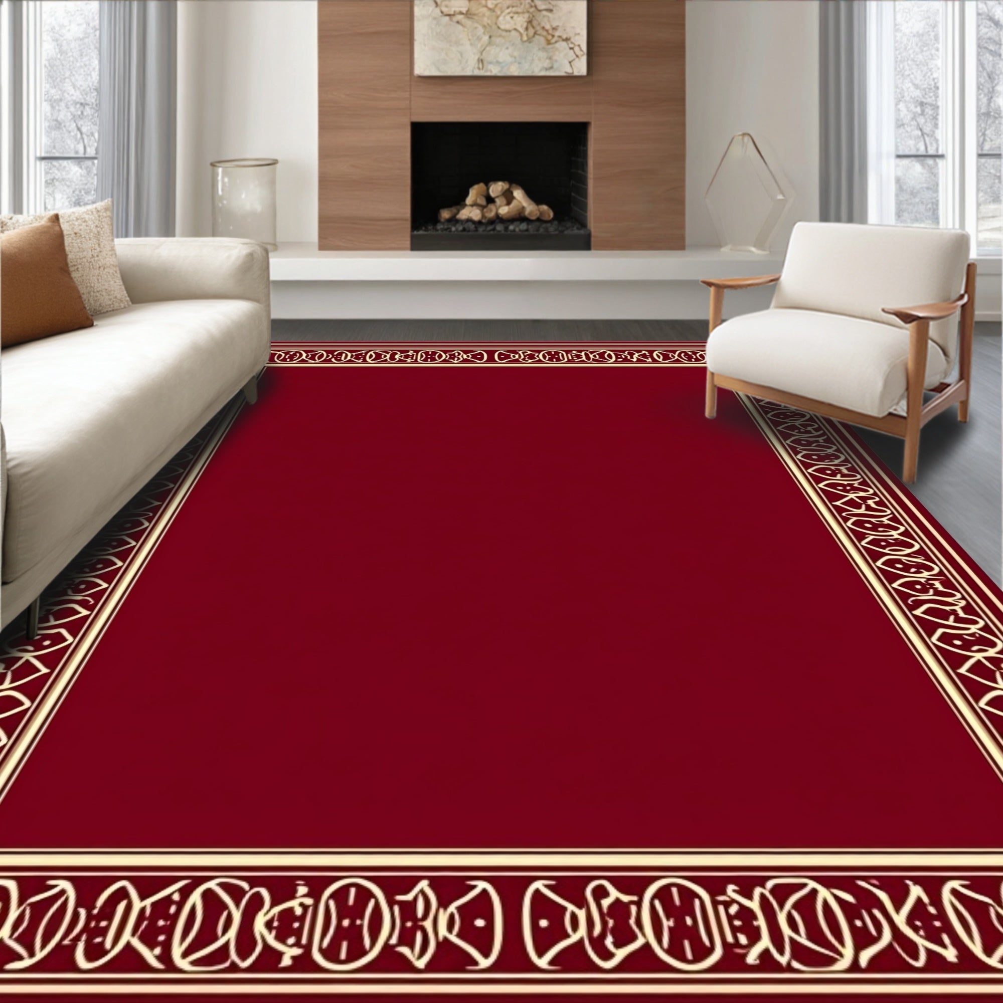 Rich Crimson Bordered Abstract Rug