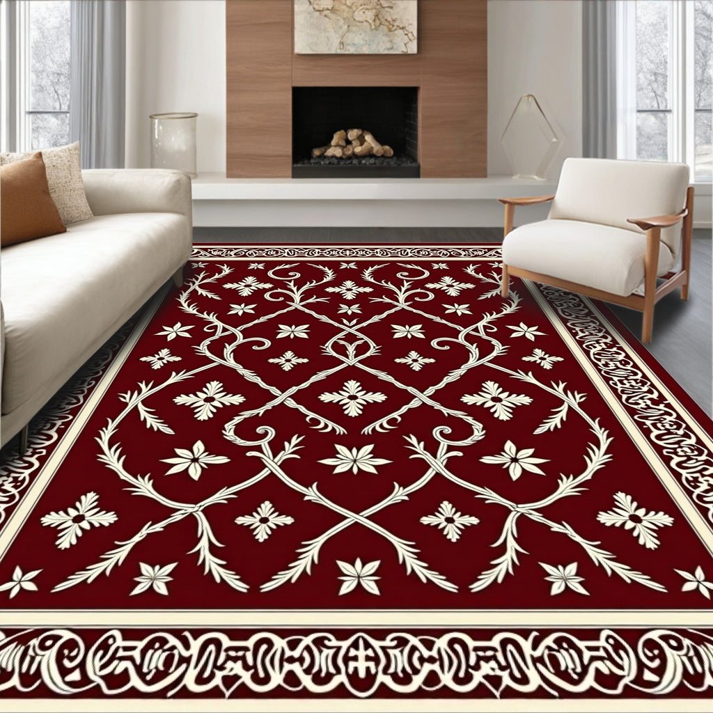 Deep Red Floral Vine Lattice Rug