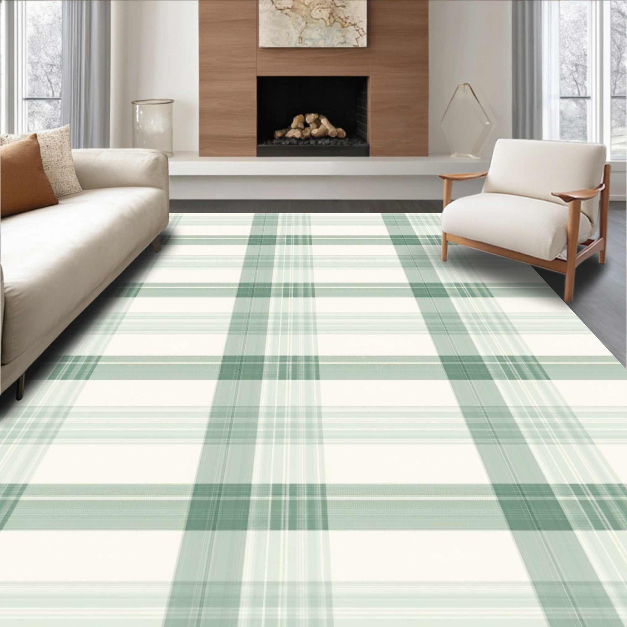 Soft Sage Green Plaid Check Rug
