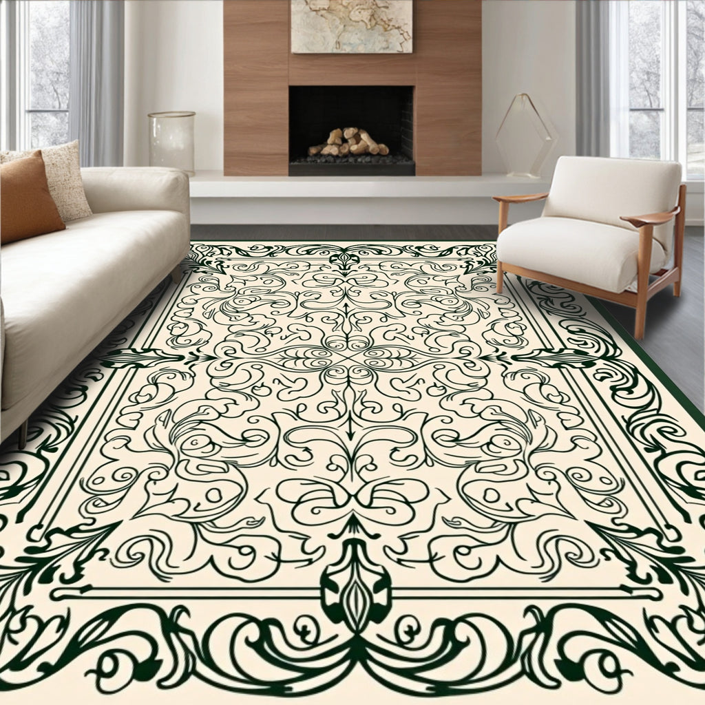 Dark Green Ivory Floral Scrollwork Rug