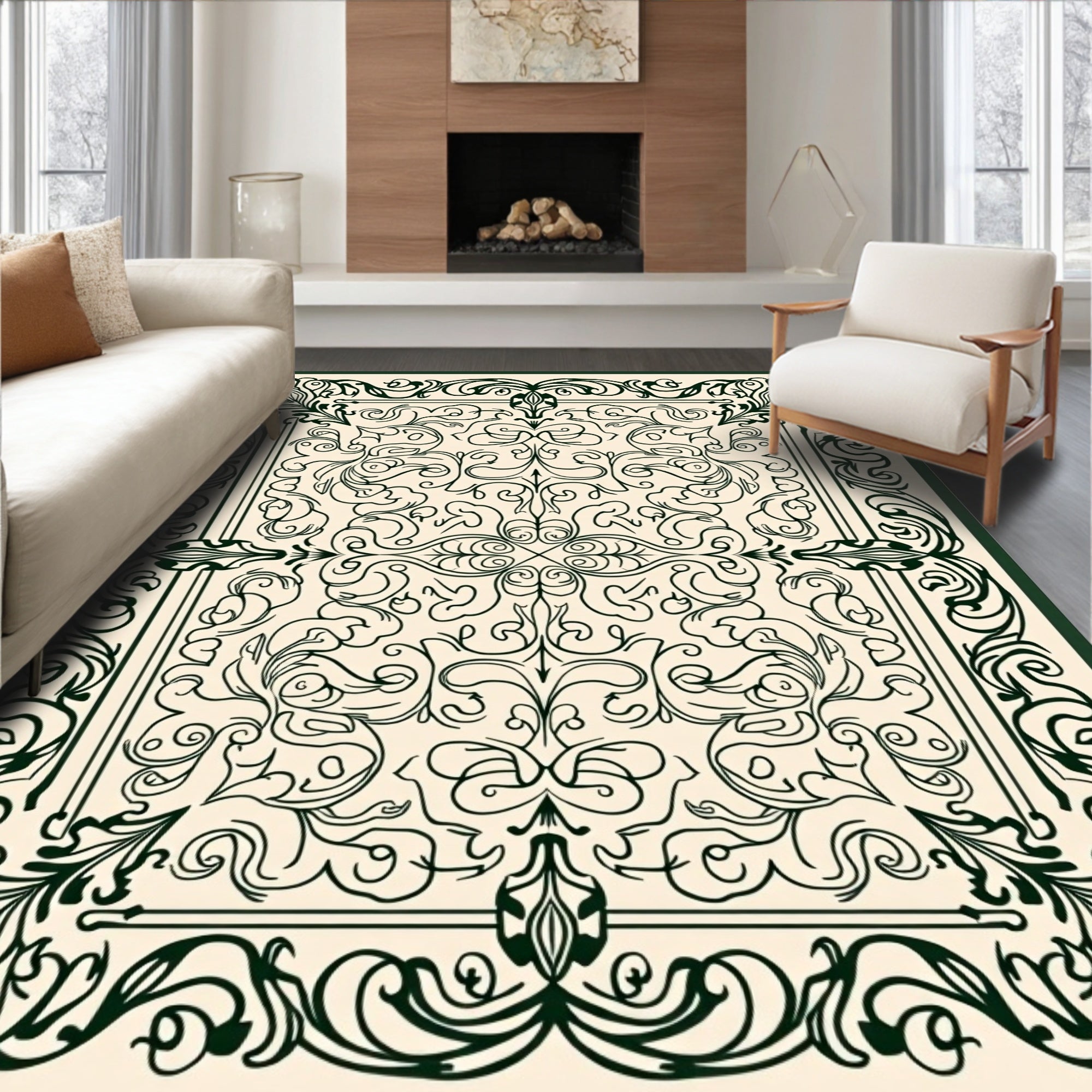 Dark Green Ivory Floral Scrollwork Rug