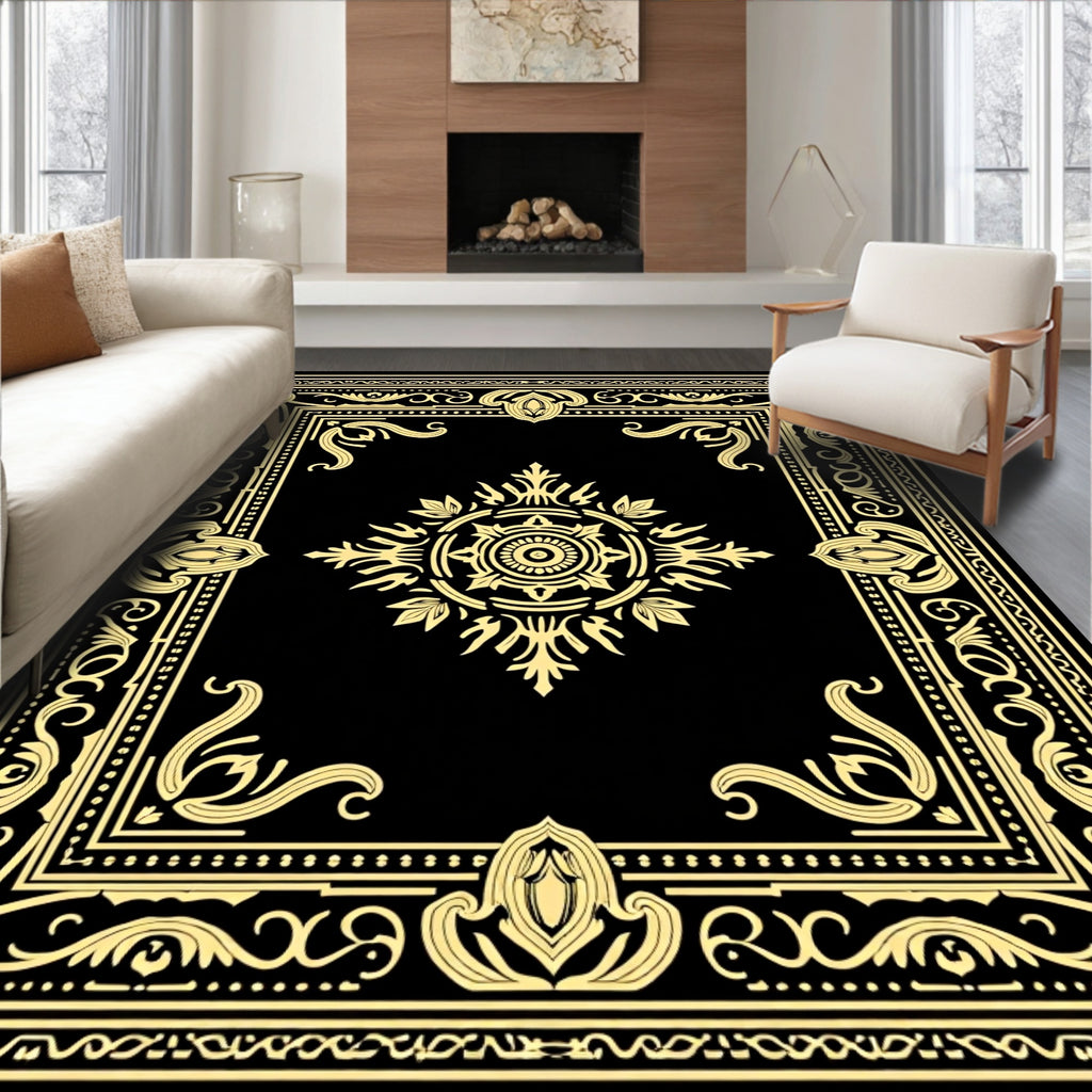 Black Gold Ornate Floral Medallion Rug