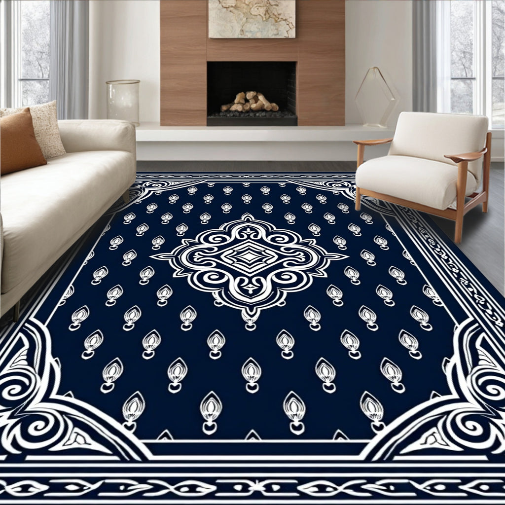 Navy White Ornamental Medallion Rug