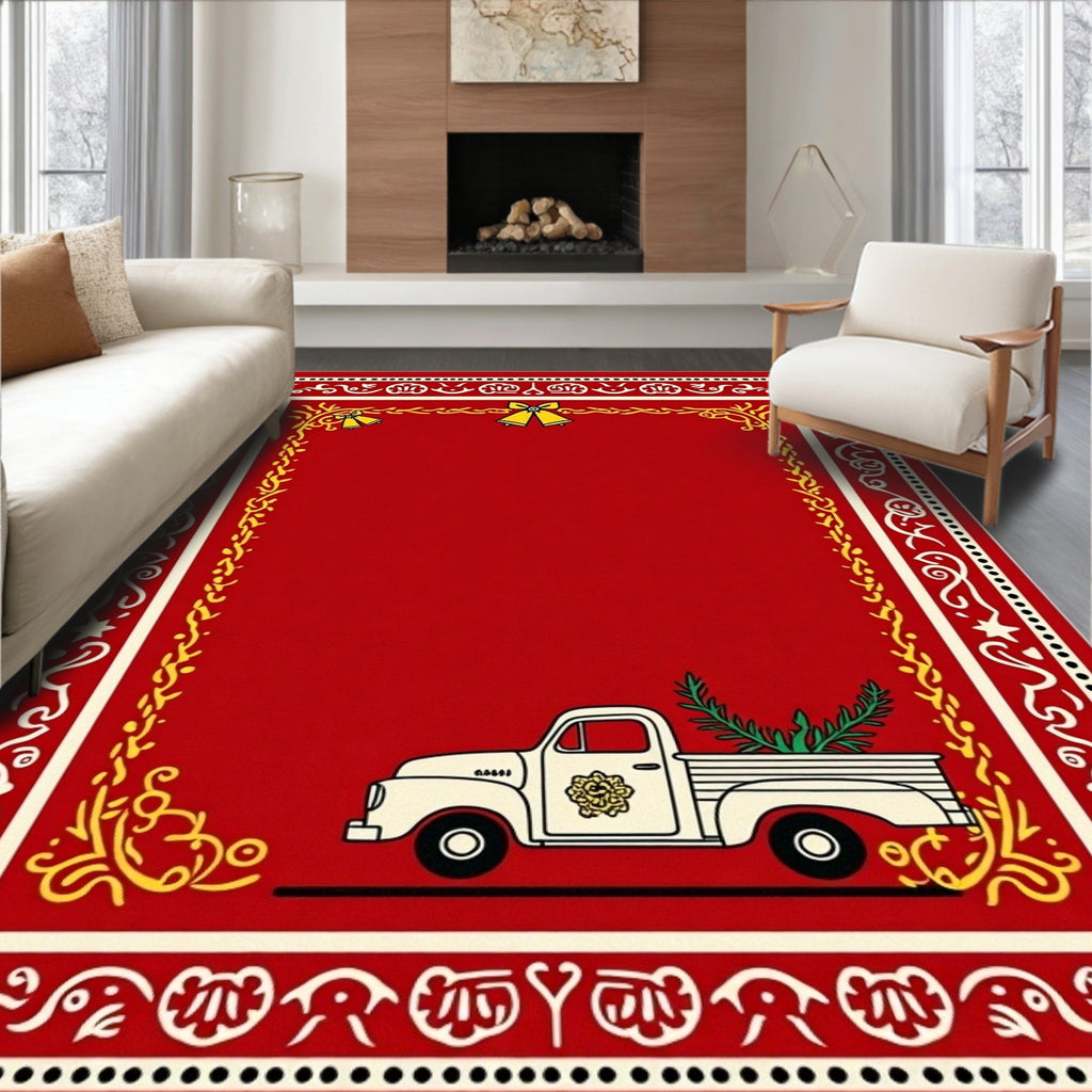 Vintage Red Truck Christmas Border Rug
