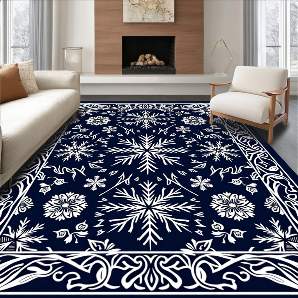 Midnight Blue Snowflake Floral Medallion Rug