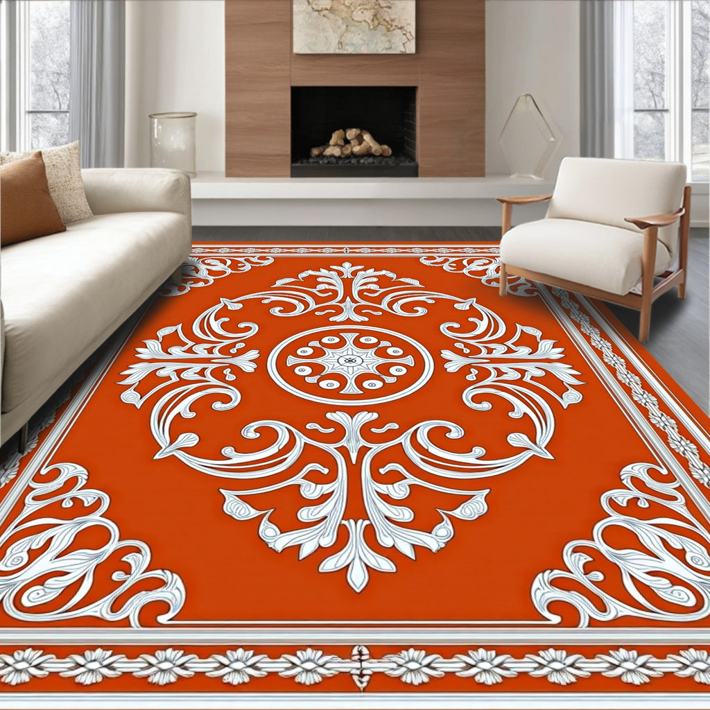 Terracotta White Ornate Scroll Medallion Rug