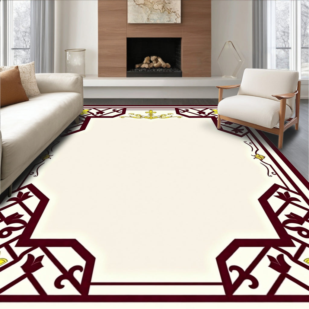 Ornate Yellow Flower Maroon Border Rug
