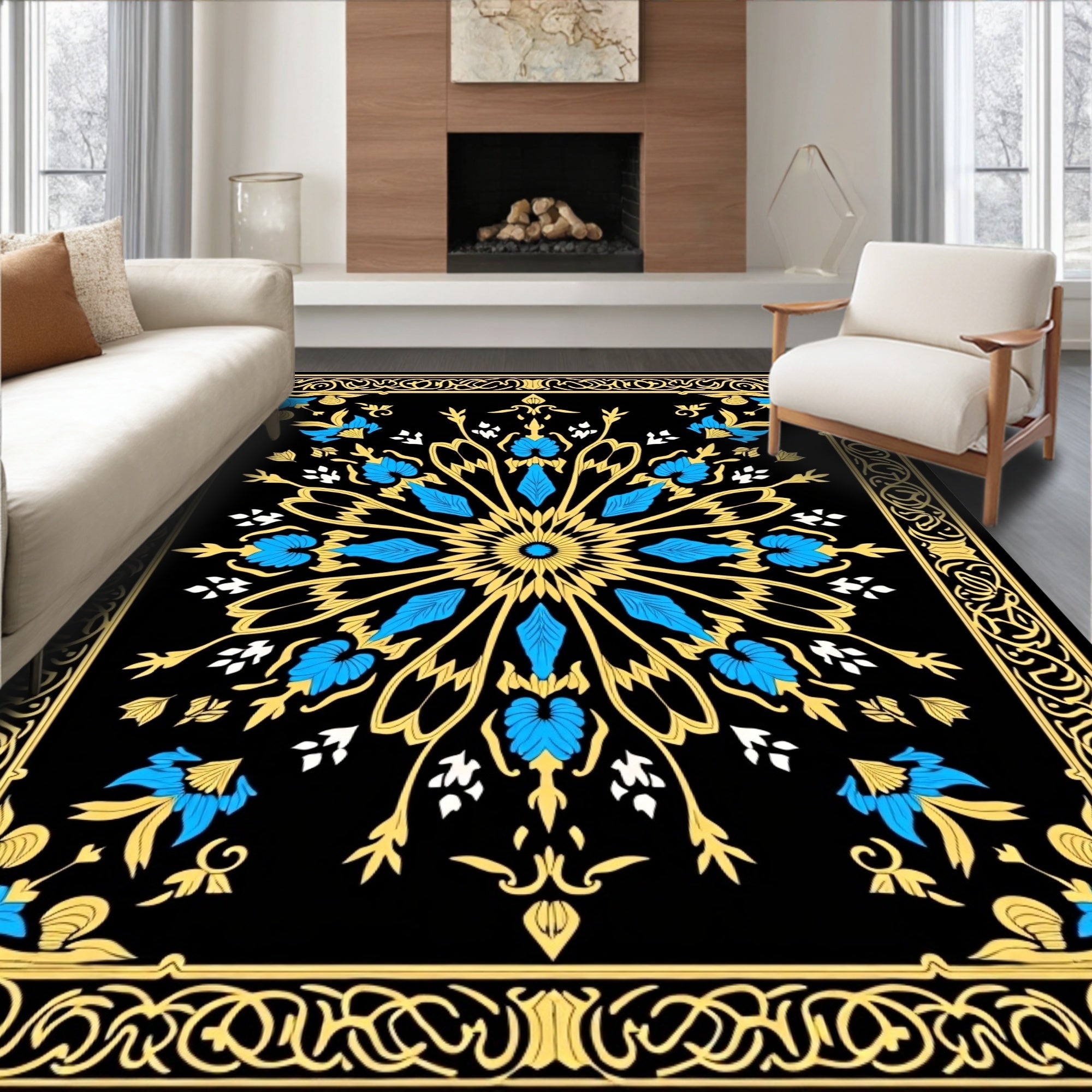 Ornate Blue Yellow Floral Frame Rug