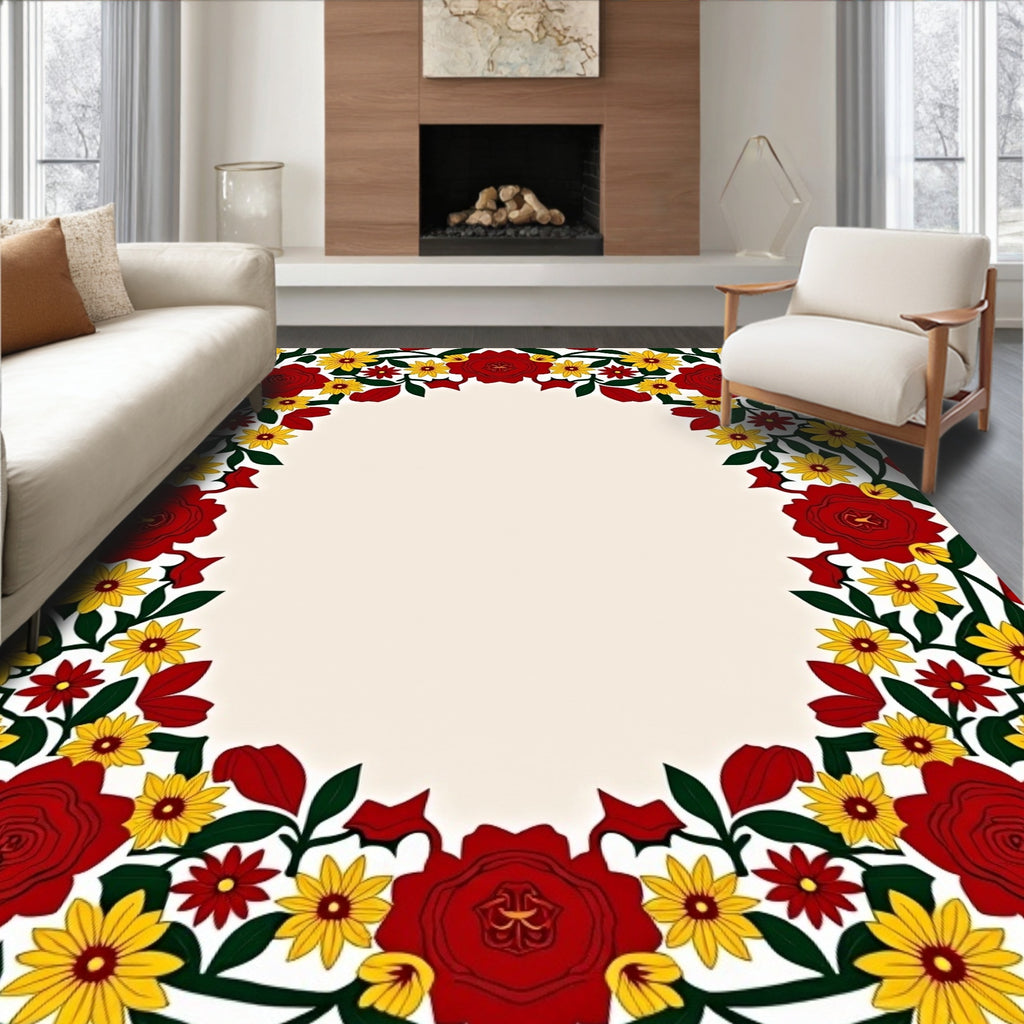 Vibrant Red Yellow Floral Garland Rug
