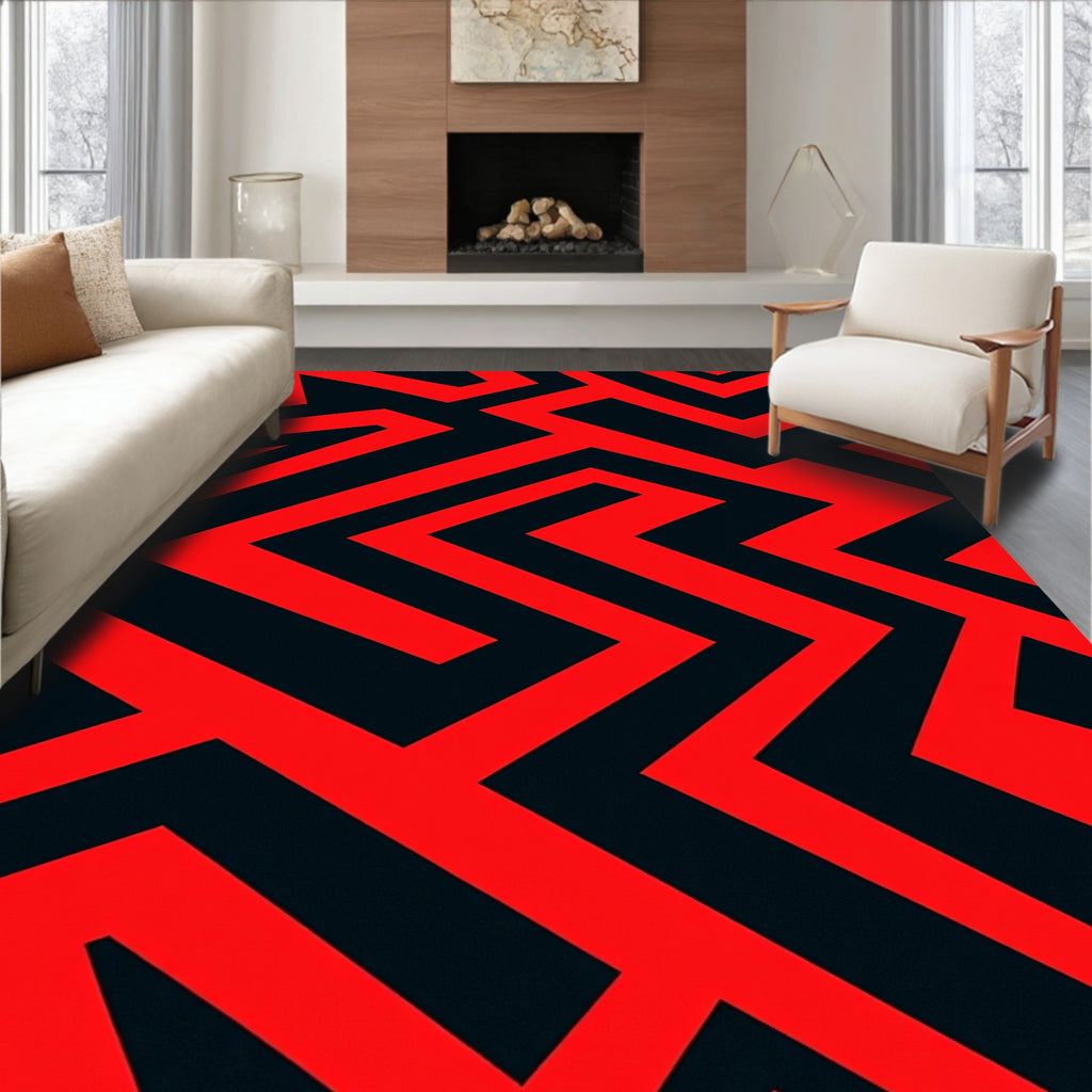 Bold Red Black Geometric Maze Rug