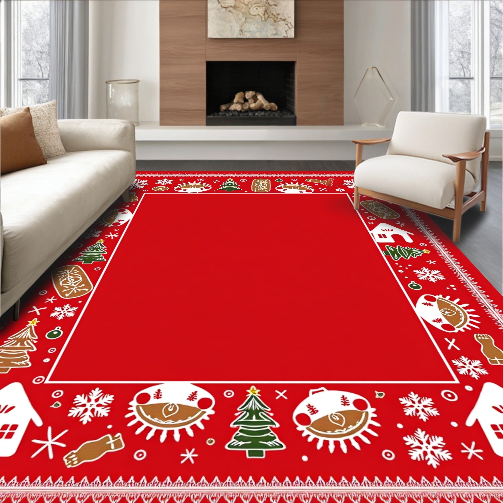 Festive Gingerbread Holiday Red Border Rug