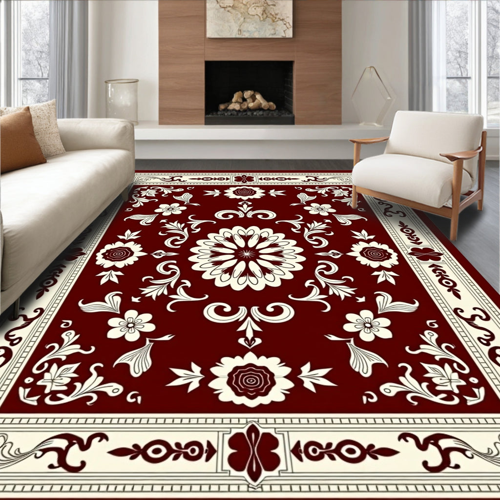Deep Red Floral Crest Arrangement Rug