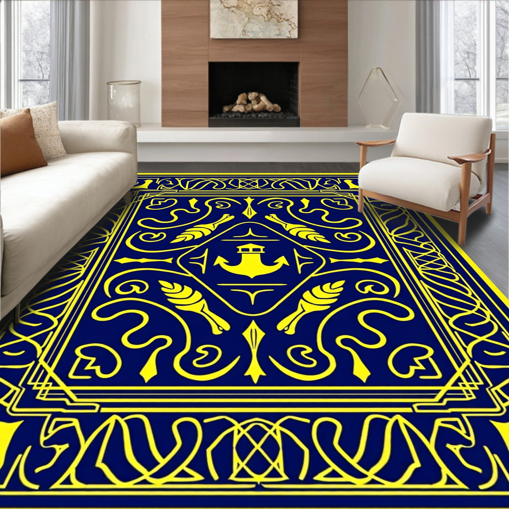 Nautical Navy Blue Yellow Anchor Emblem Rug