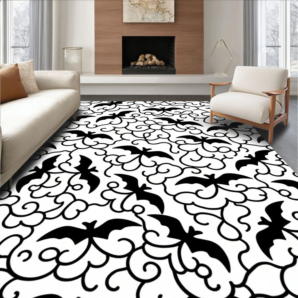 Whimsical Black Bat Swirls Rug