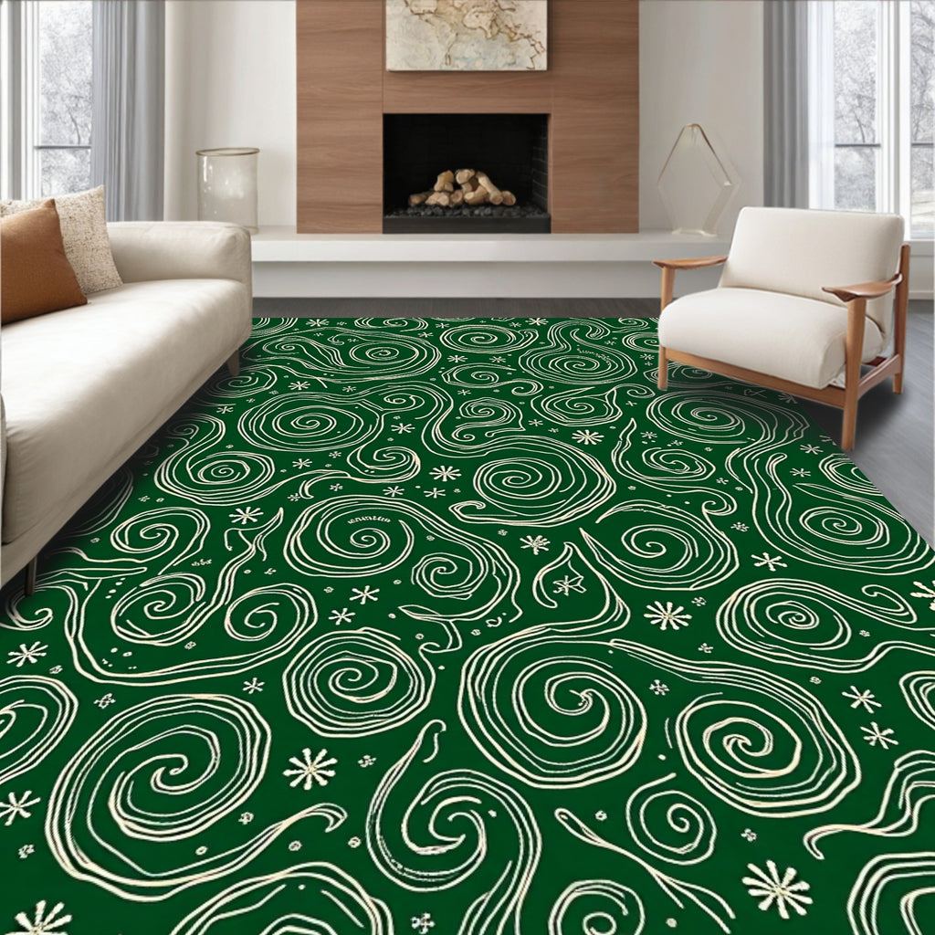 Cream Swirls Green Abstract Lines Rug