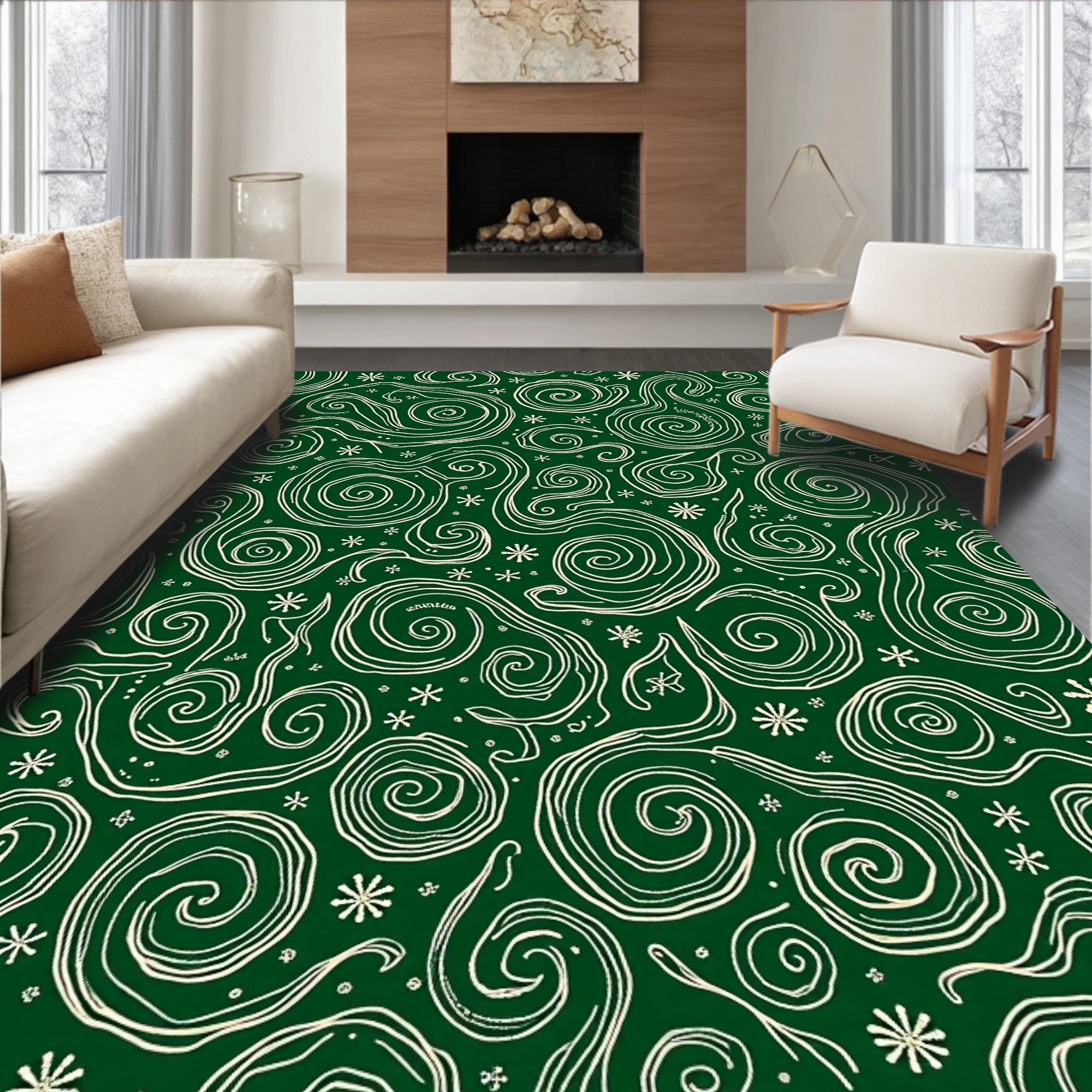 Cream Swirls Green Abstract Lines Rug