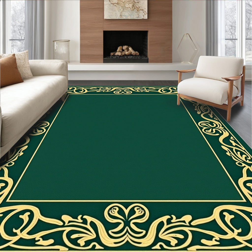 Emerald Green Golden Art Nouveau Border Rug