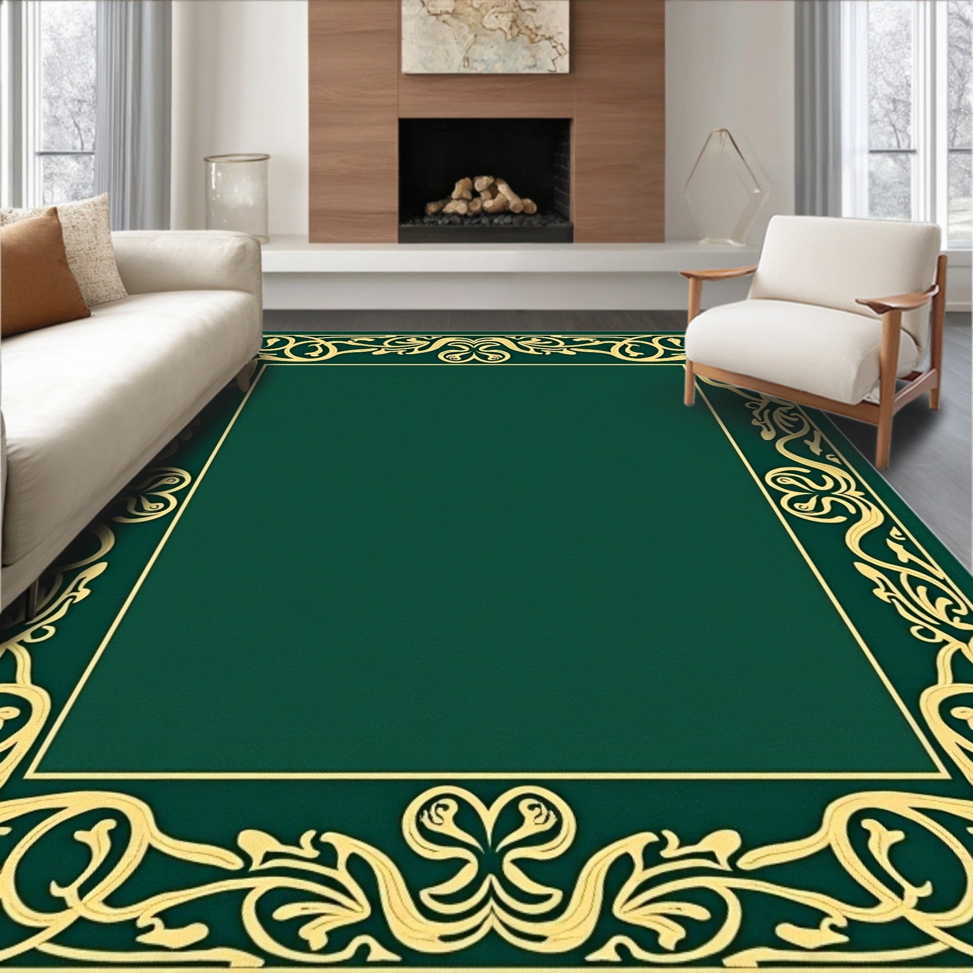 Emerald Green Golden Art Nouveau Border Rug
