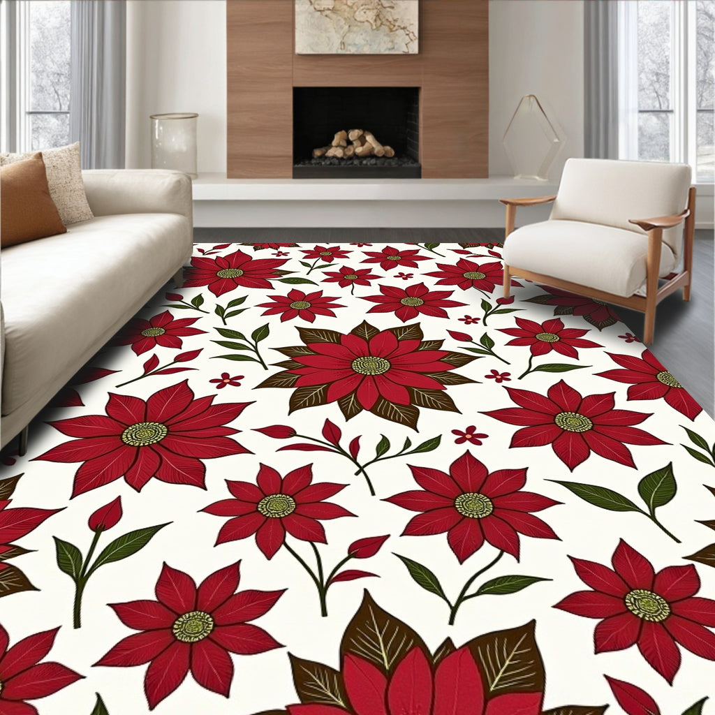Crimson Poinsettia Floral Sprig Rug