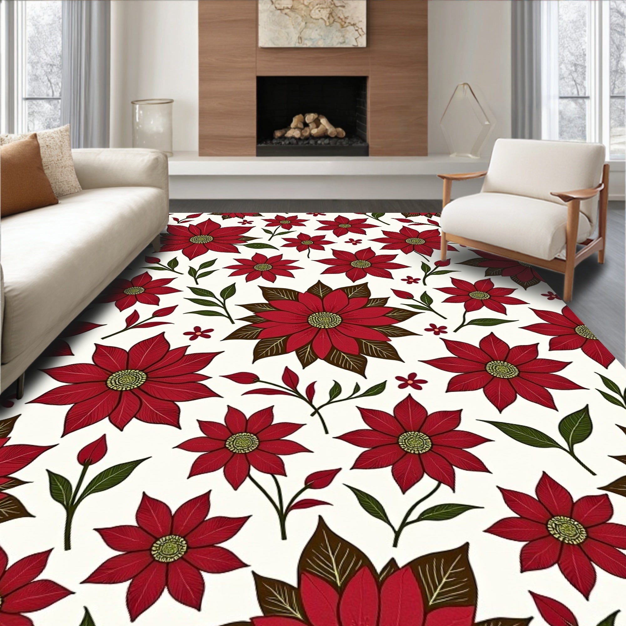 Crimson Poinsettia Floral Sprig Rug