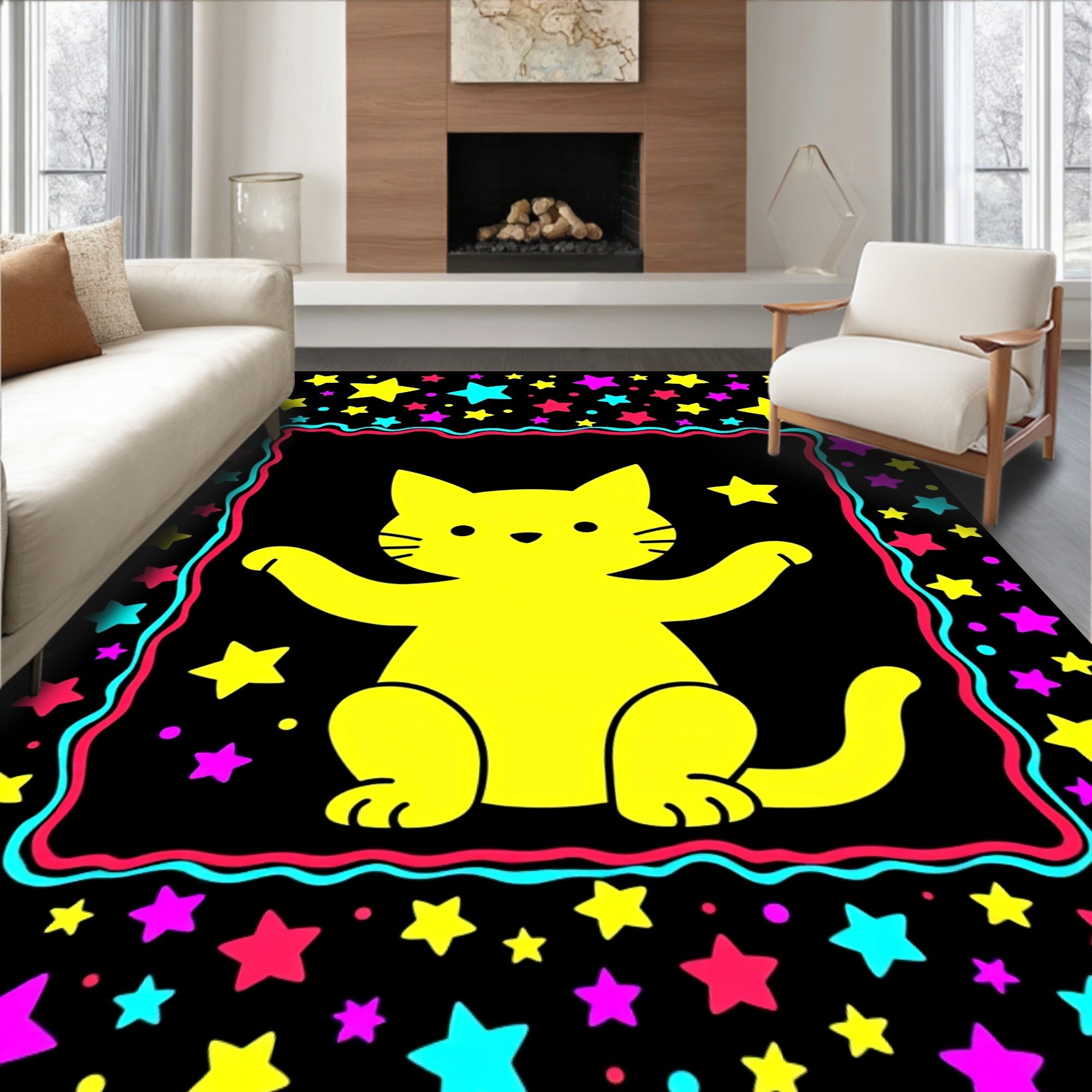 Yellow Cat Stars Border Rug