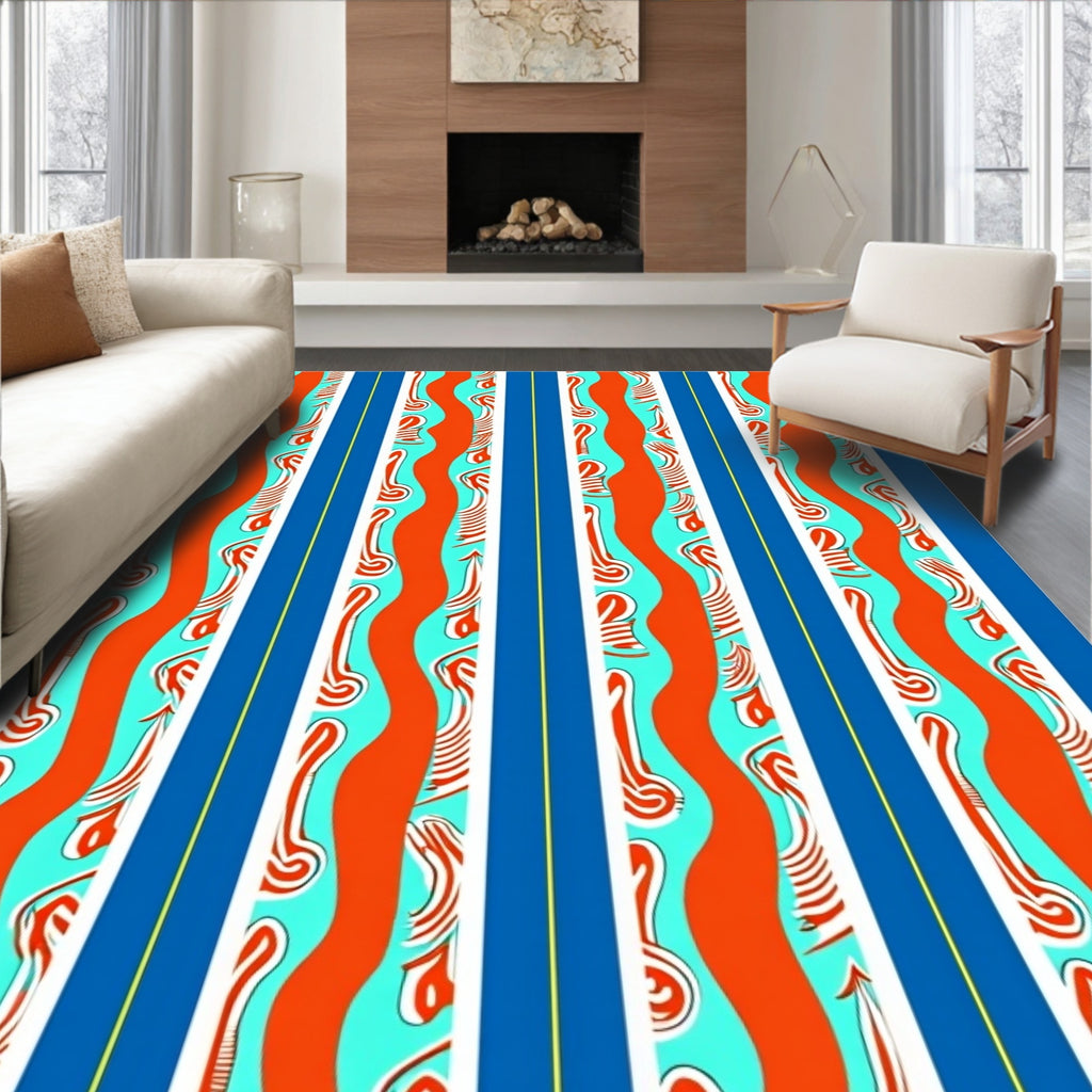 Bold Orange Aqua Striped Organic Waves Rug