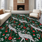 Forest Green Stag Snowflakes Red Accent Rug