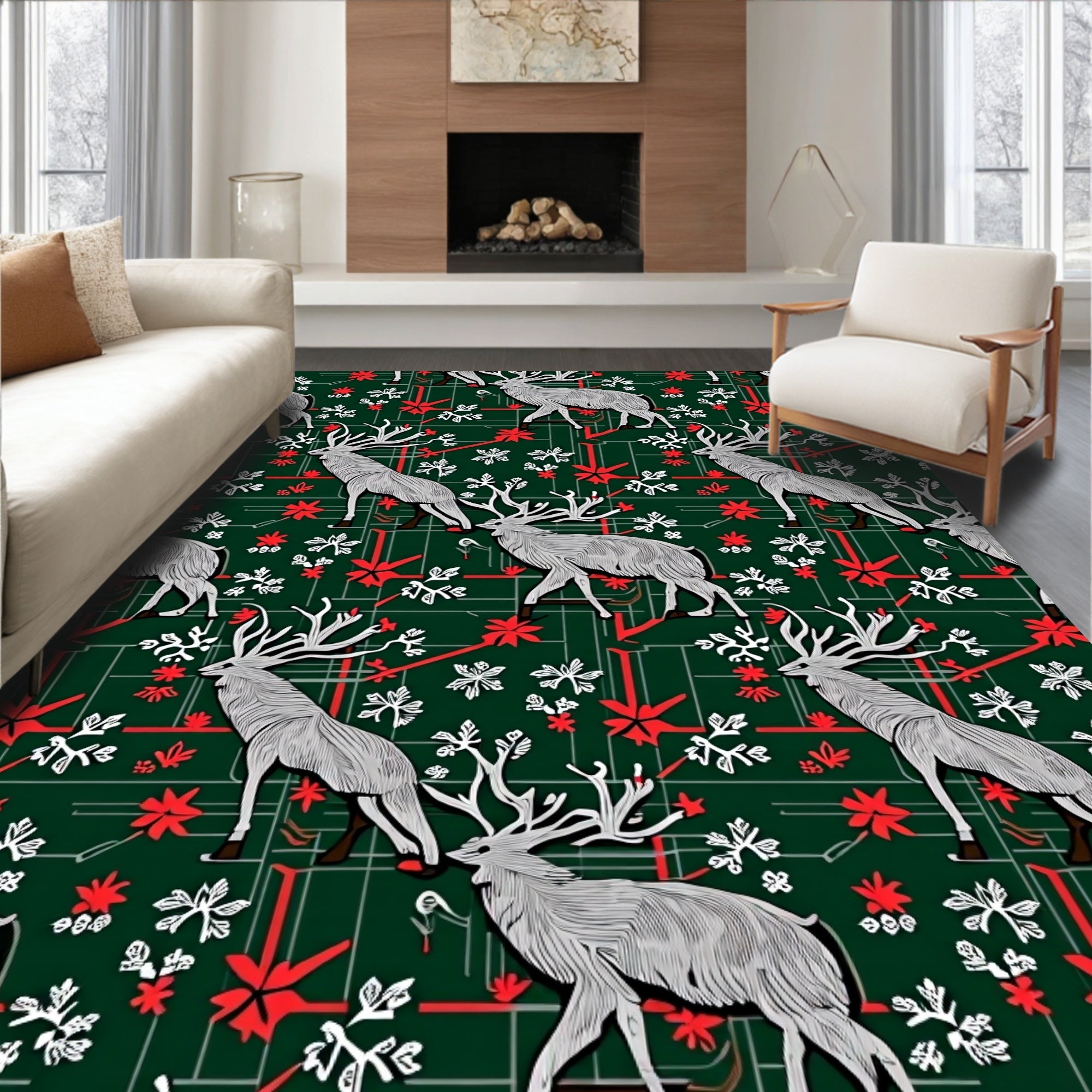 Forest Green Stag Snowflakes Red Accent Rug
