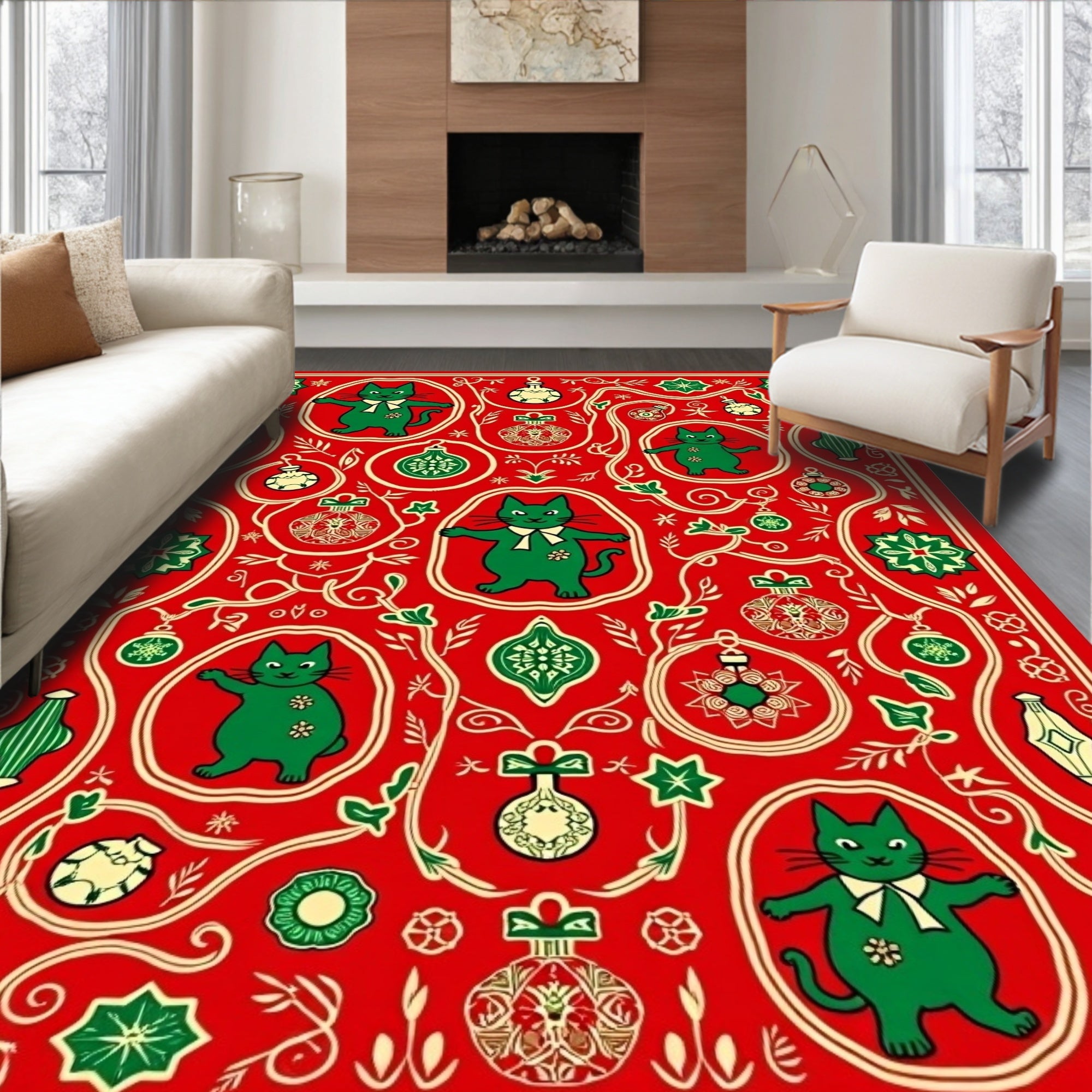 Whimsical Red Green Cat Ornament Medallion Rug