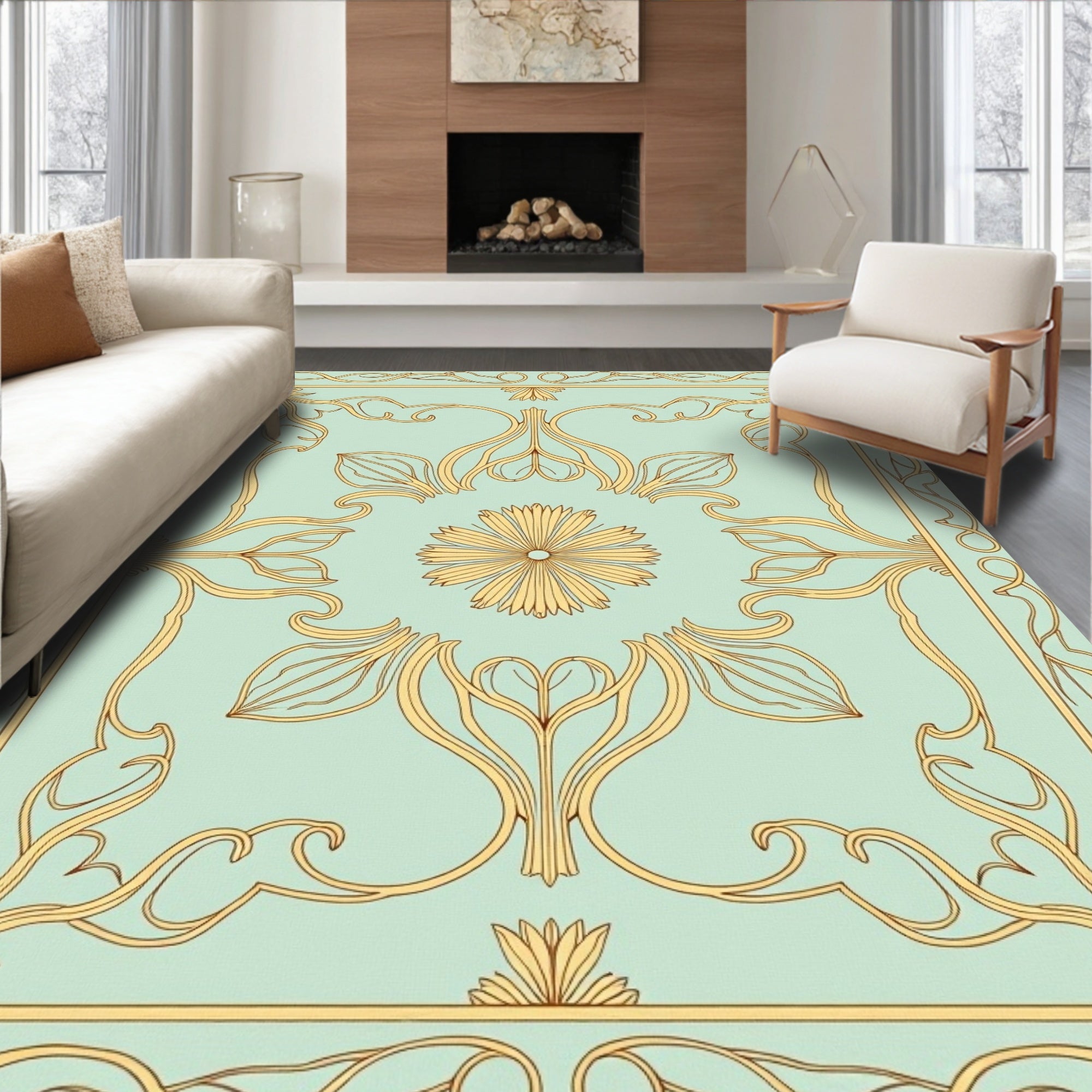 Mint Green Floral Art Nouveau Rug