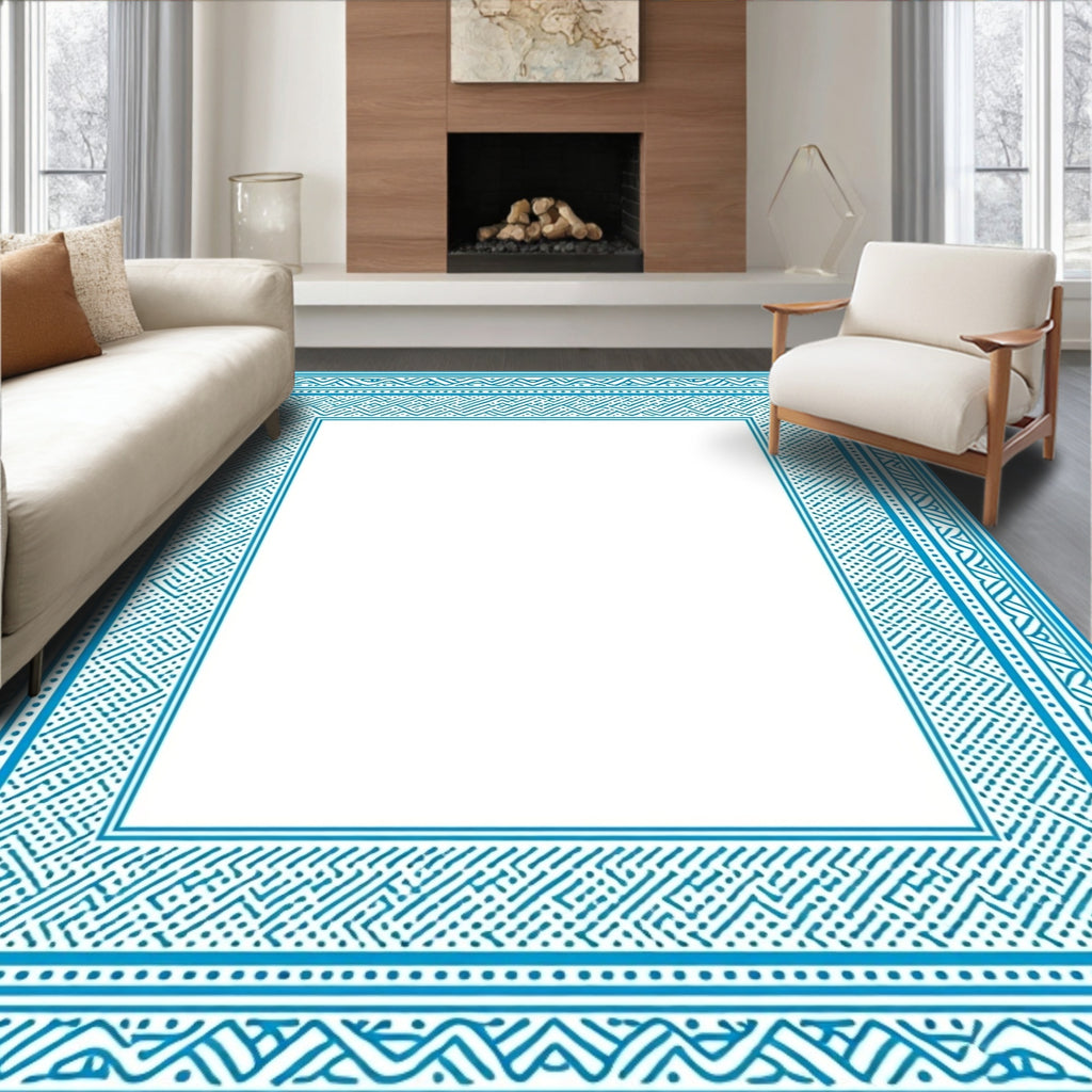 Coastal Blue Geometric Border Frame Rug