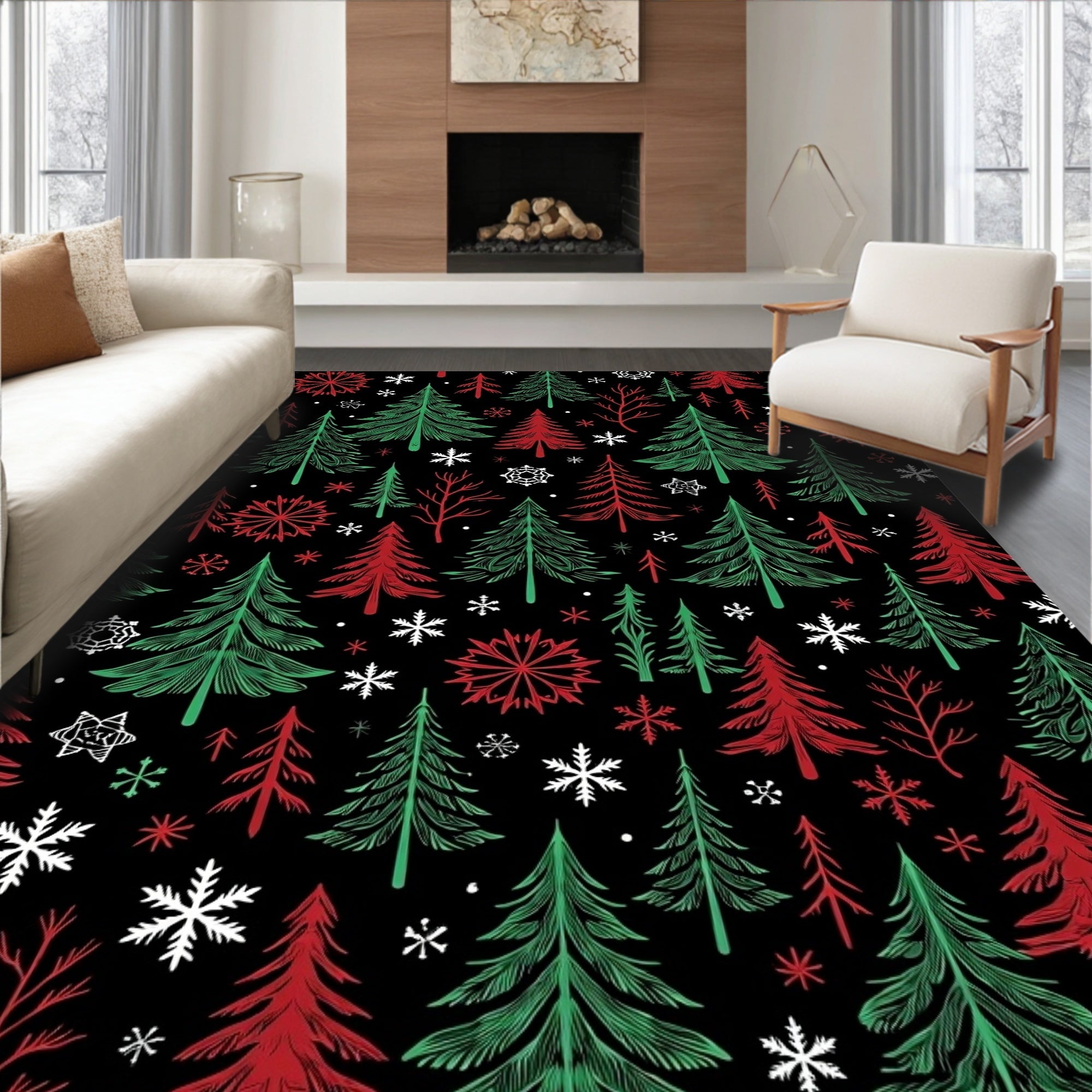 Festive Red Green Pine Snowflakes Rug