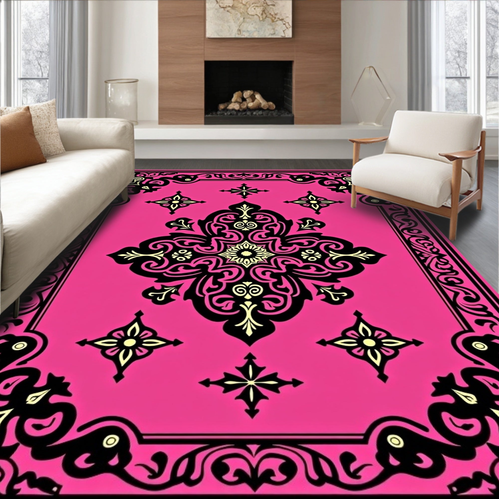 Vibrant Pink Black Medallion Frame Rug